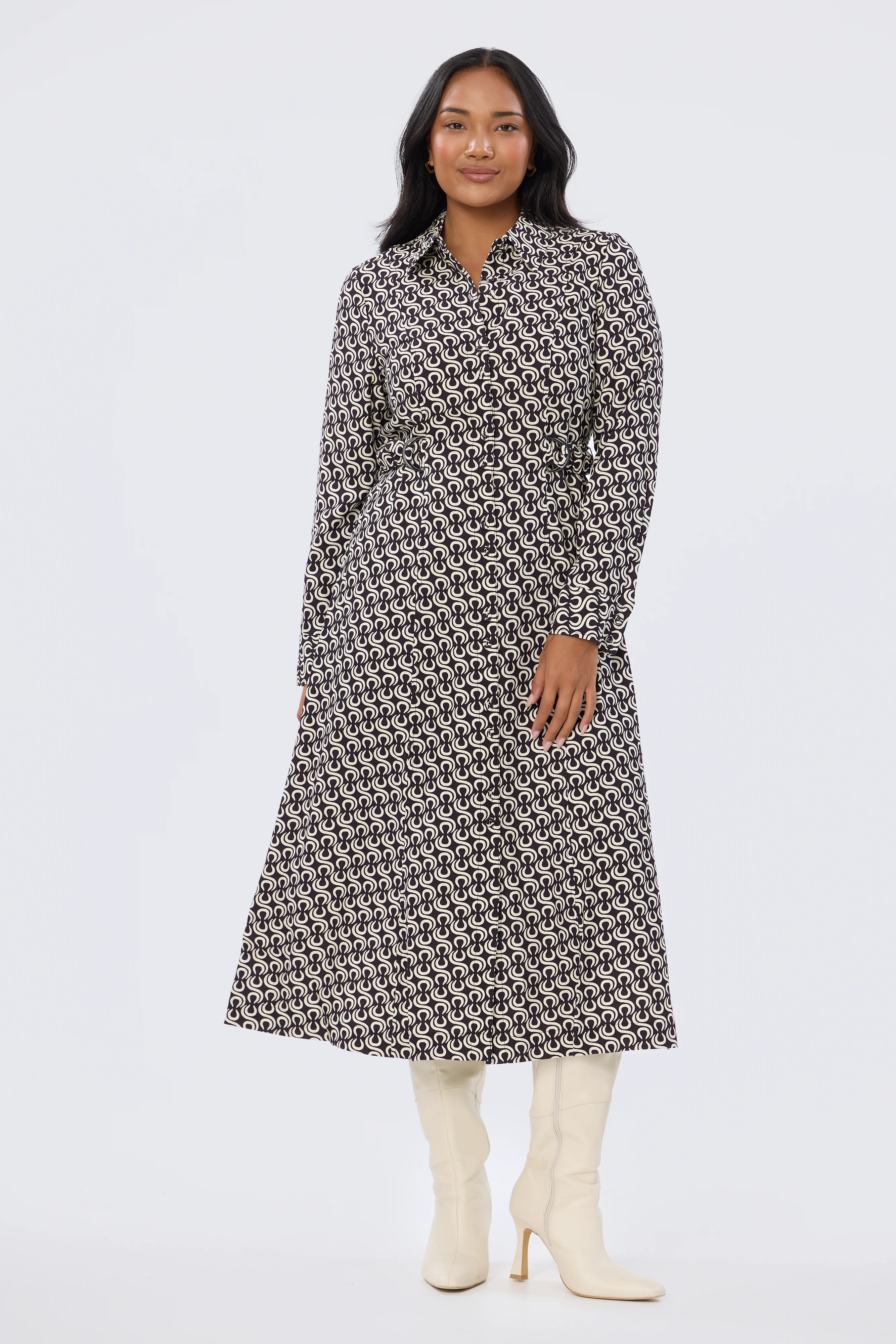 Adjustable Tie Shirt Dress - Aubergine Geo