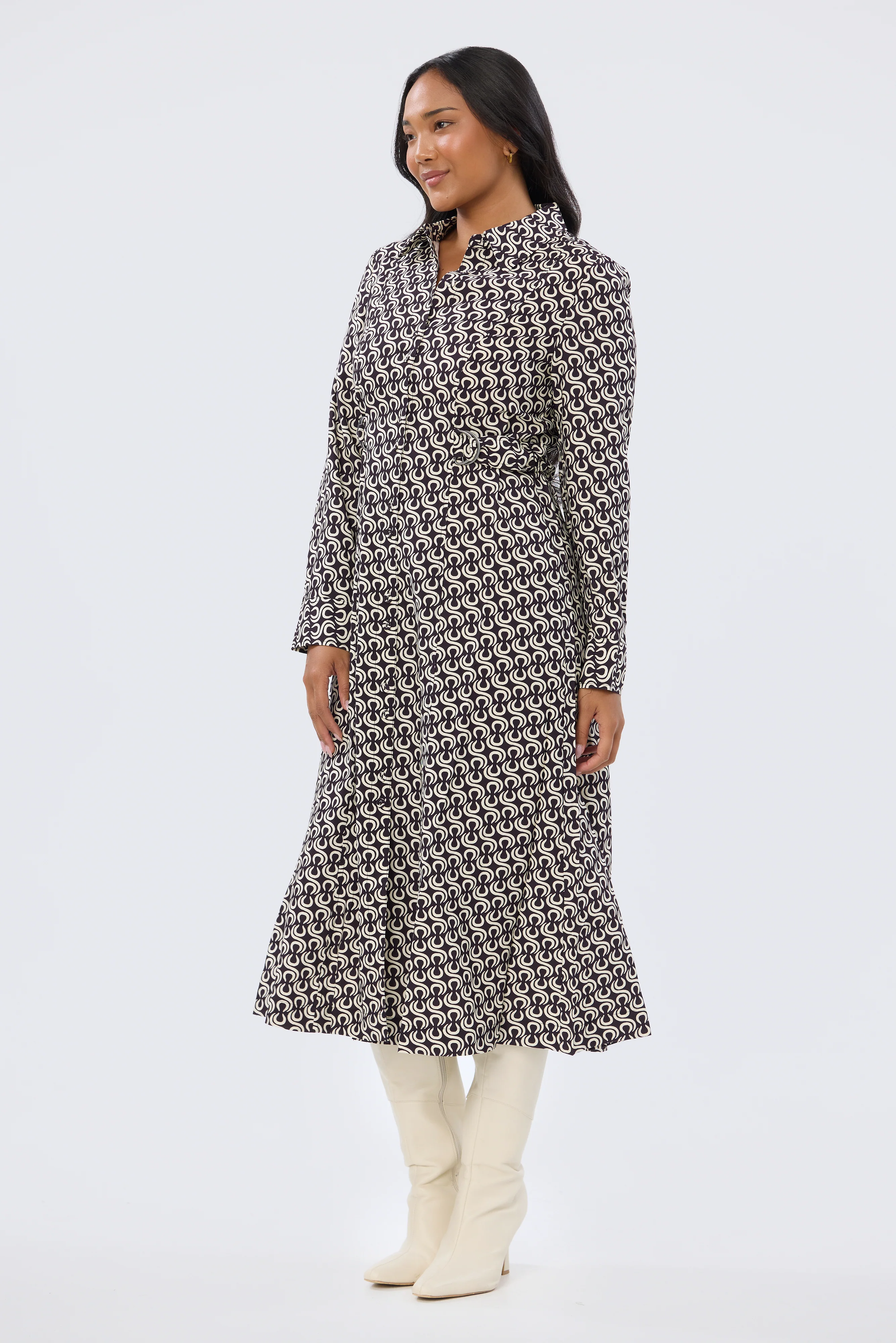 Adjustable Tie Shirt Dress - Aubergine Geo - Image 2