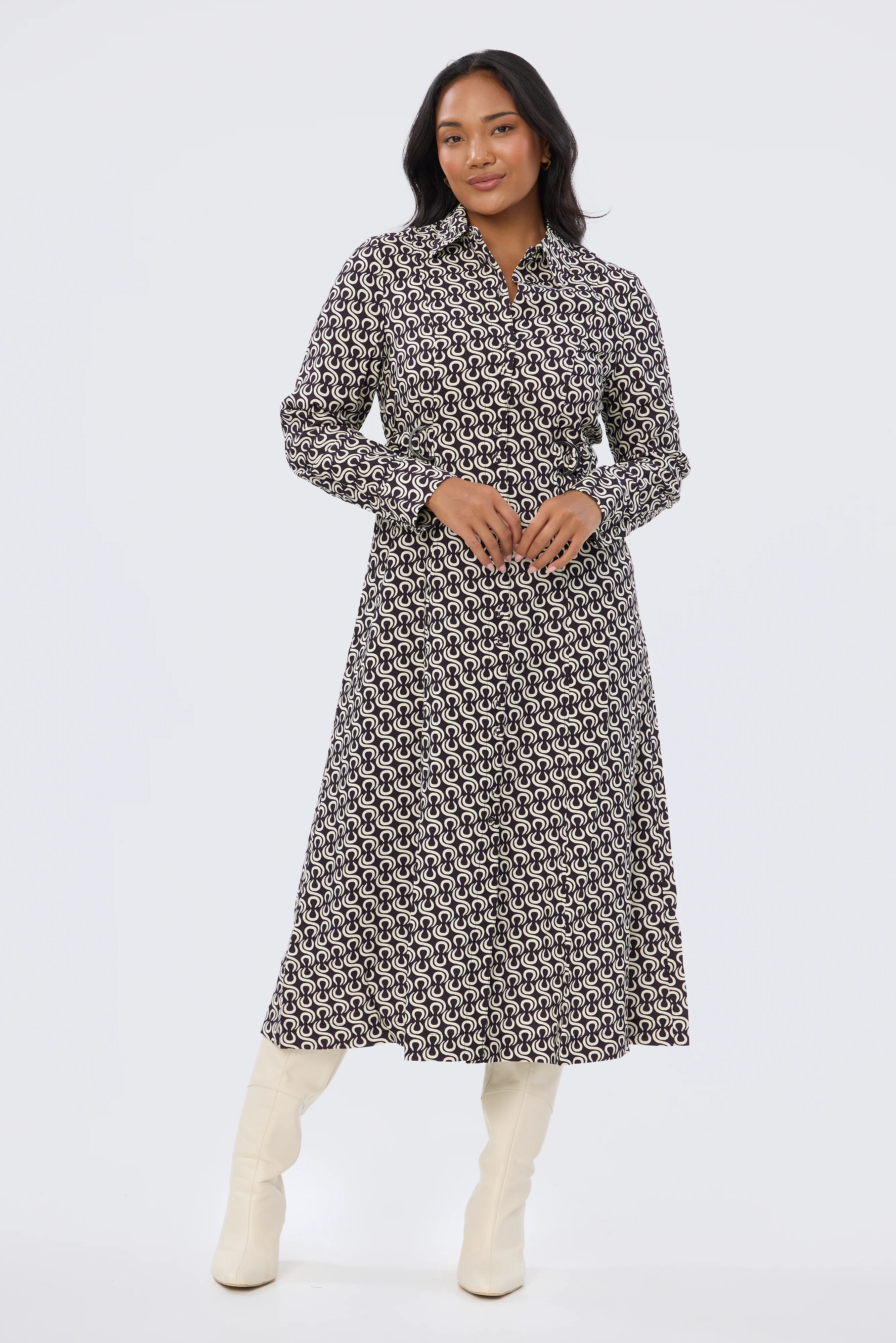 Adjustable Tie Shirt Dress - Aubergine Geo - Image 5