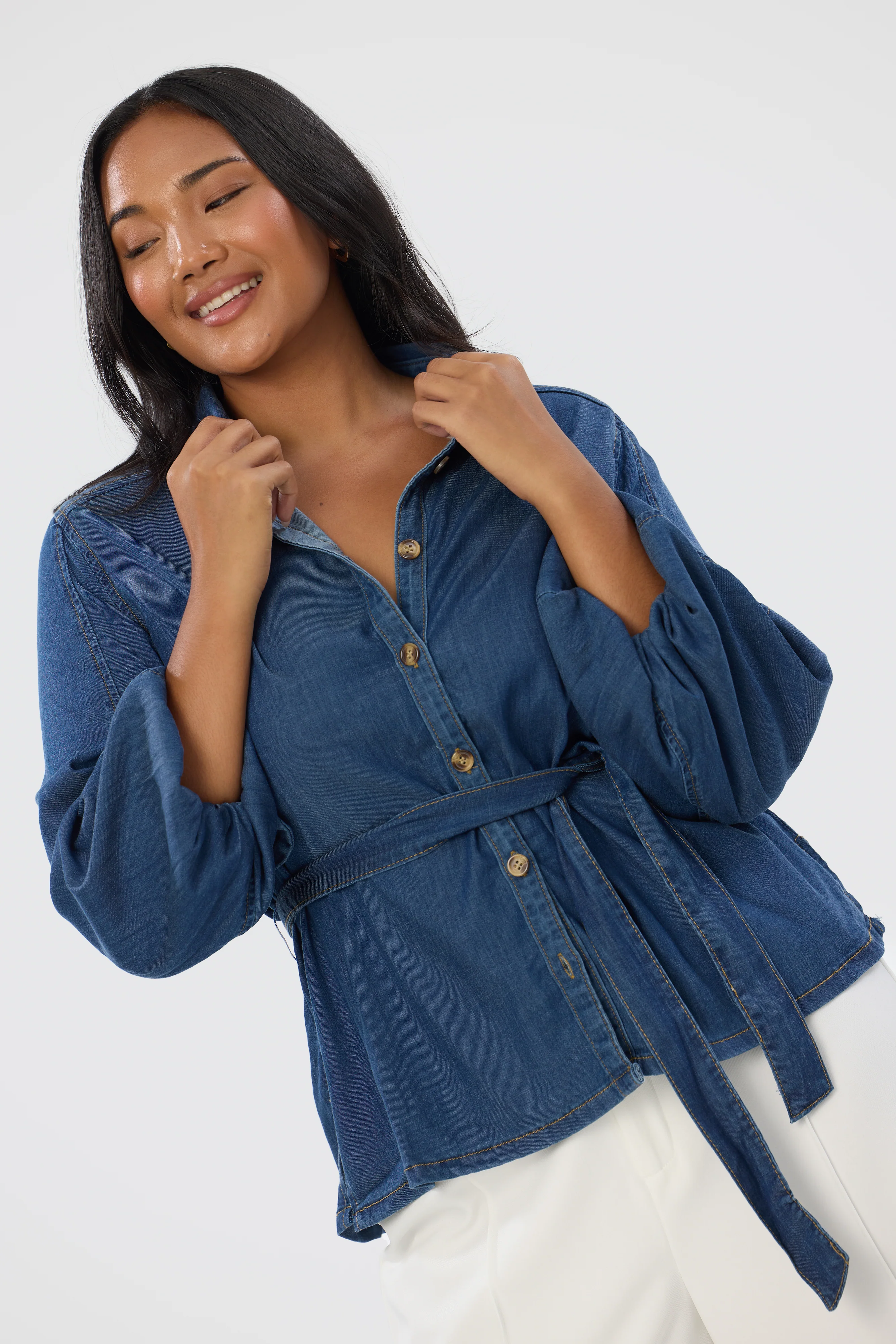 Balloon Sleeve Tie Shirt - Blue