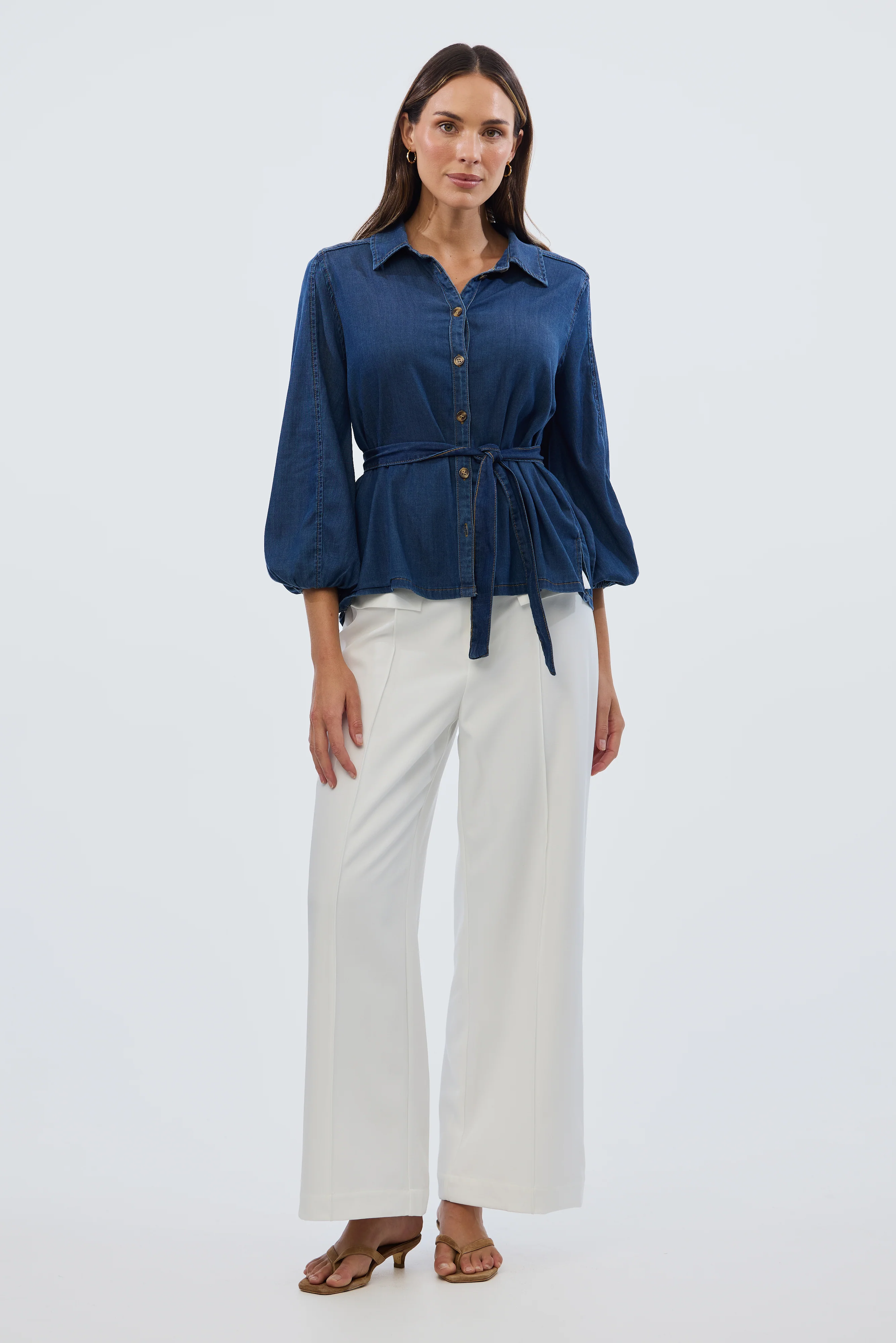 Balloon Sleeve Tie Shirt - Blue - Image 10