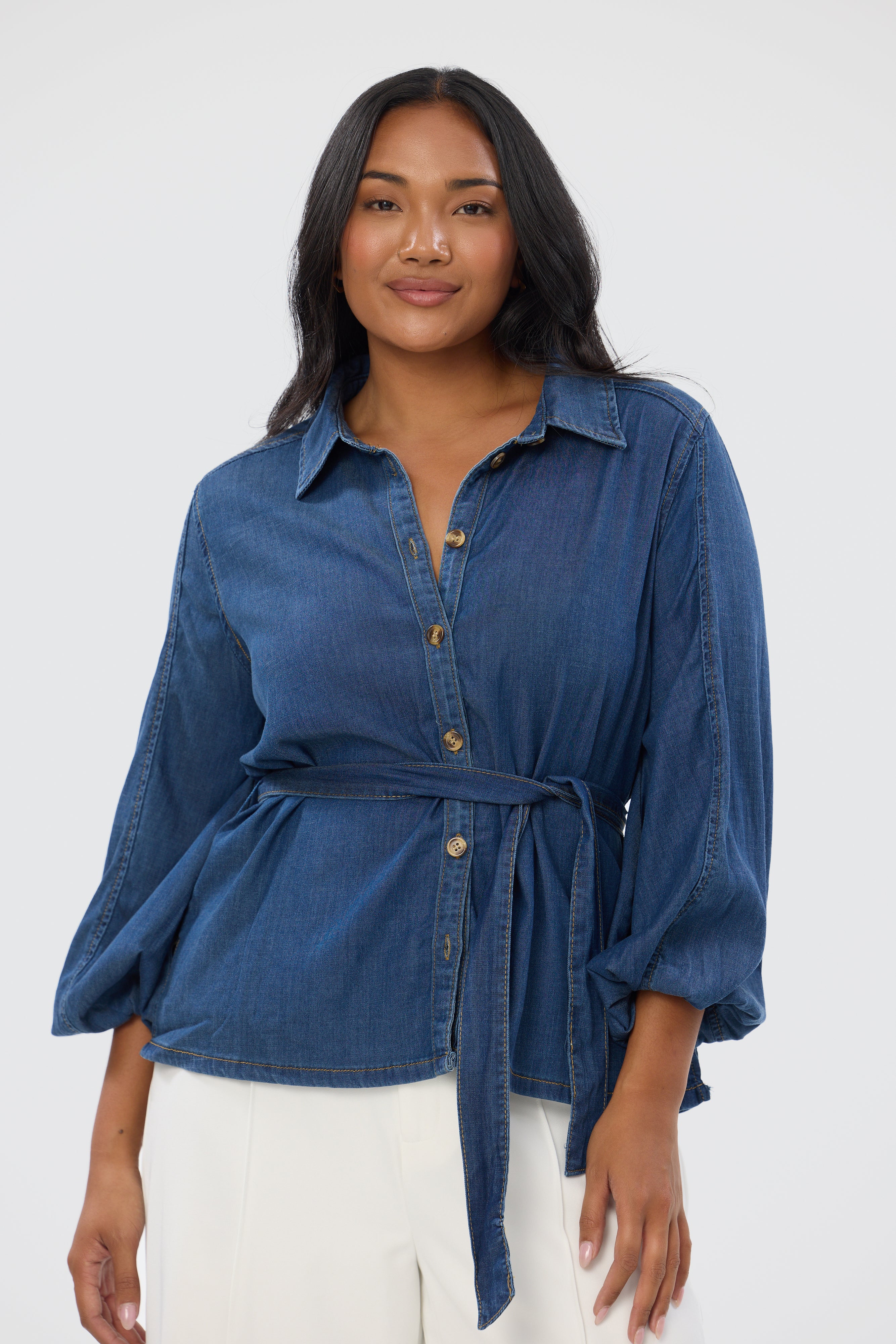 Balloon Sleeve Tie Shirt - Blue - Image 2