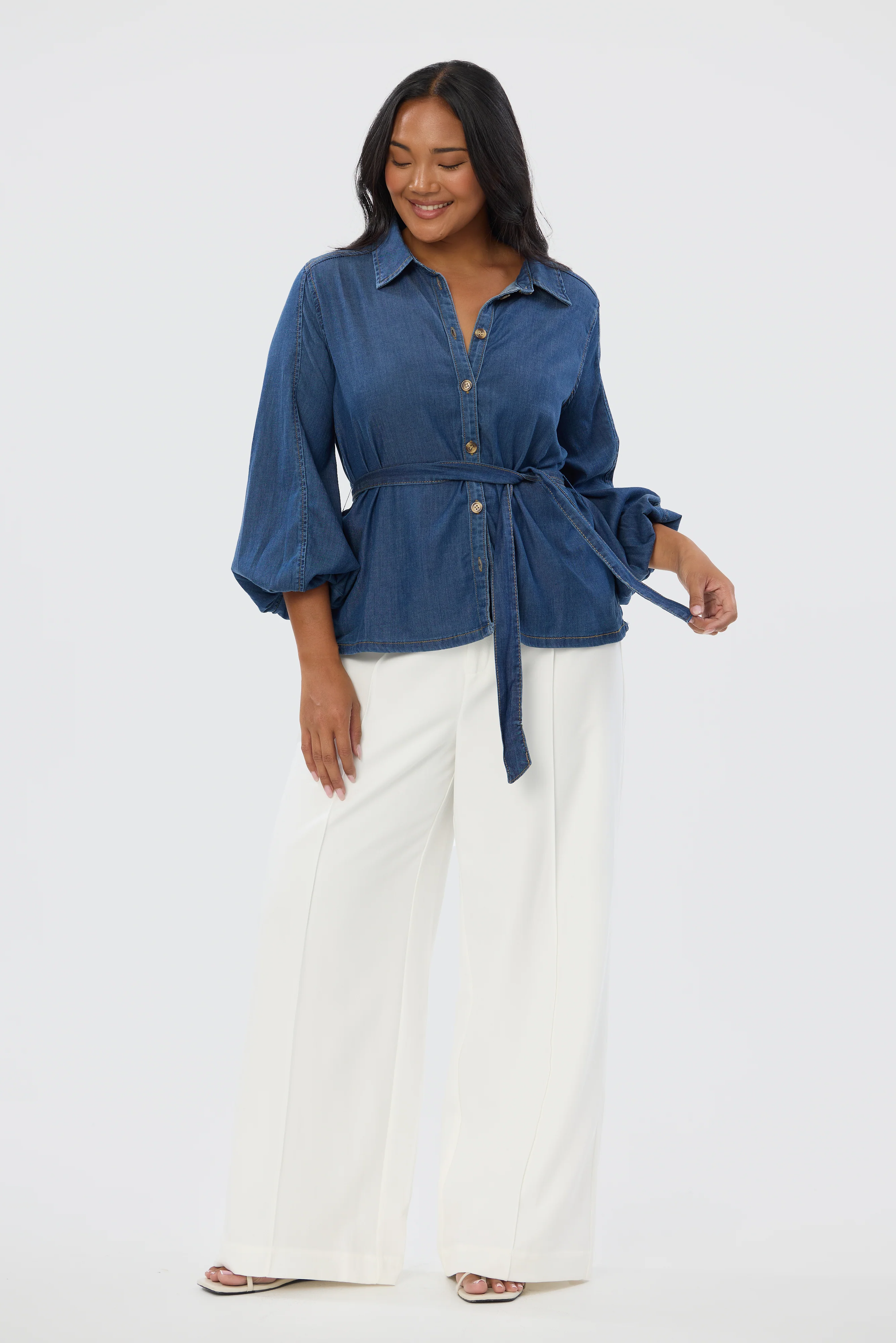 Balloon Sleeve Tie Shirt - Blue - Image 3