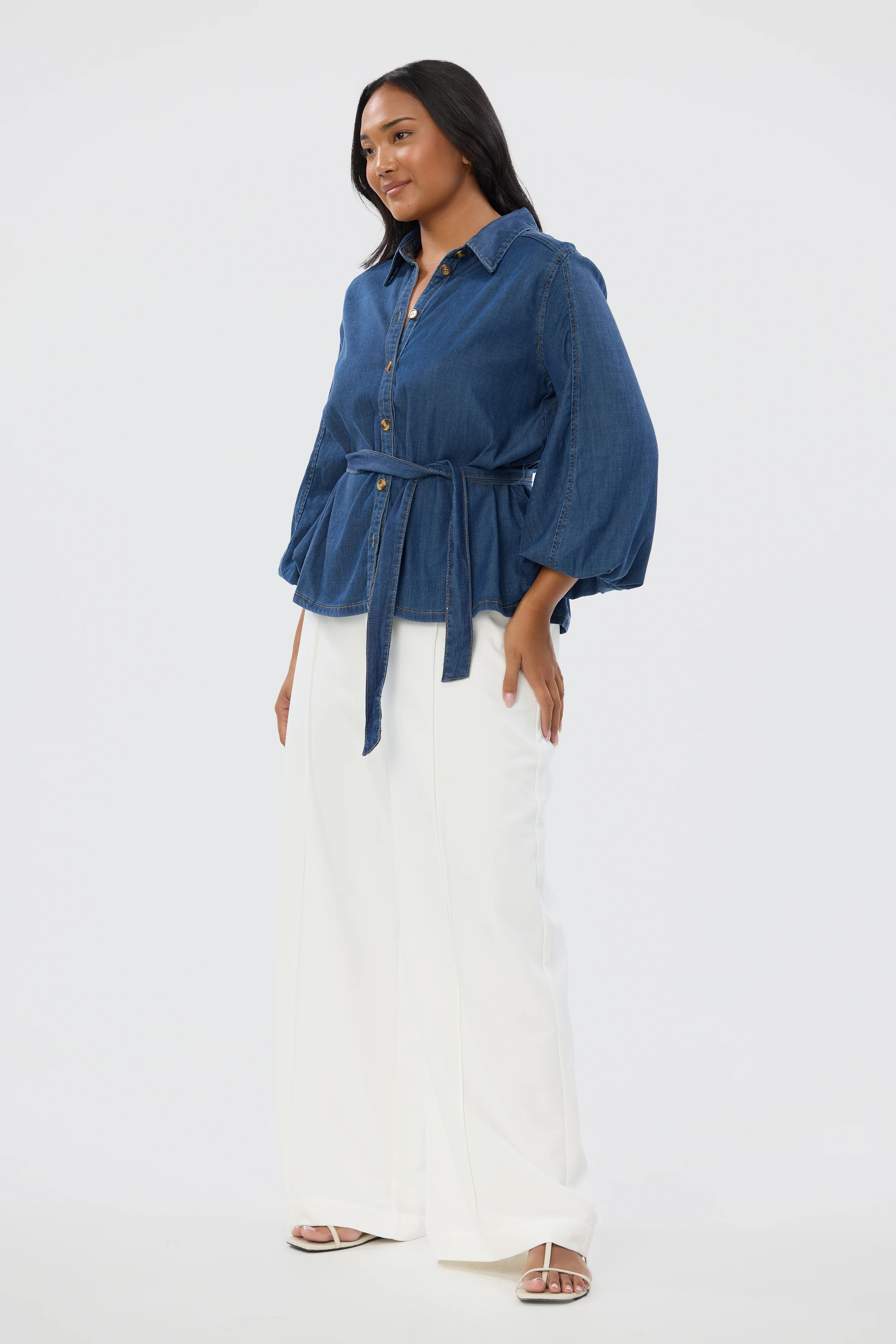 Balloon Sleeve Tie Shirt - Blue - Image 4