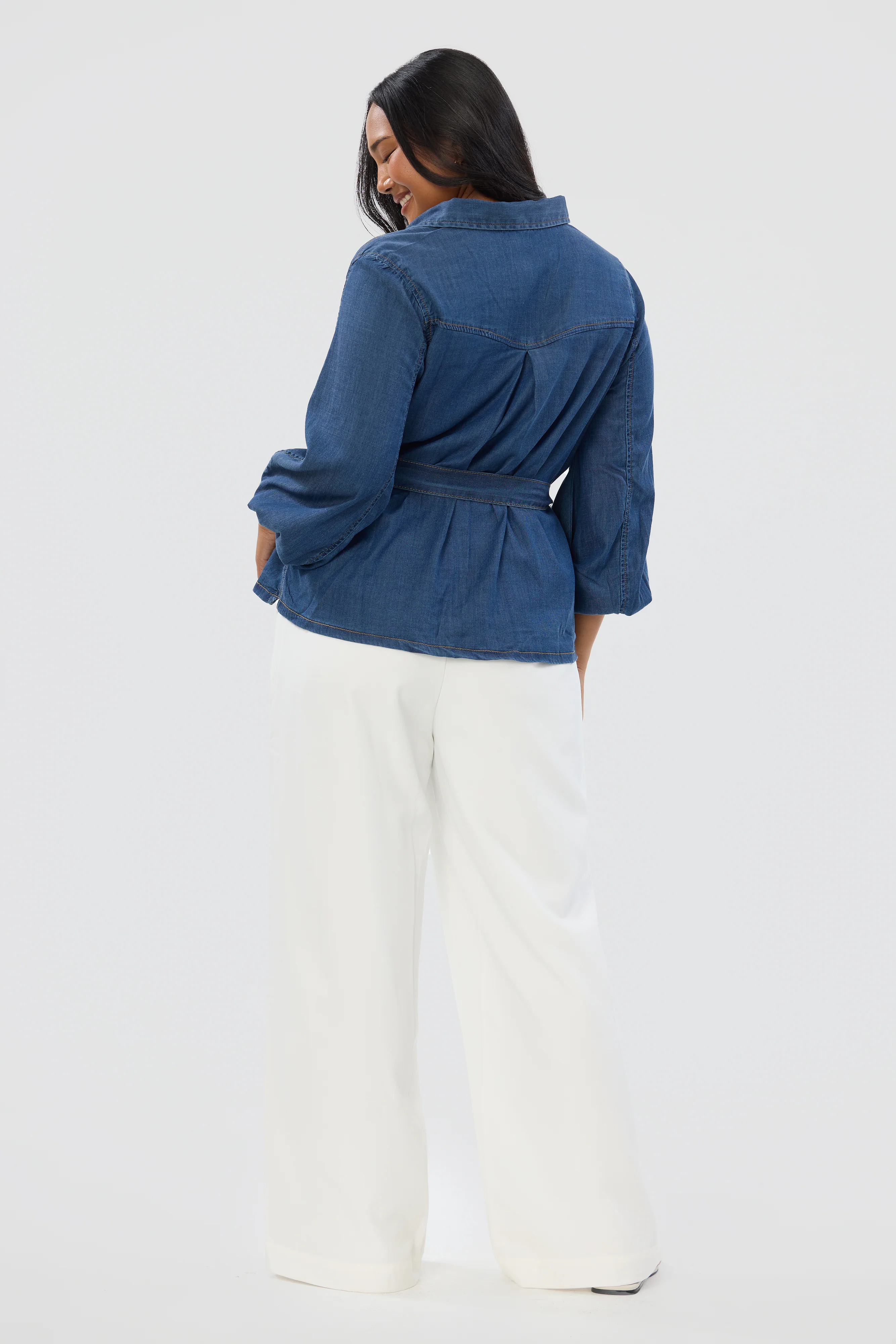 Balloon Sleeve Tie Shirt - Blue - Image 5