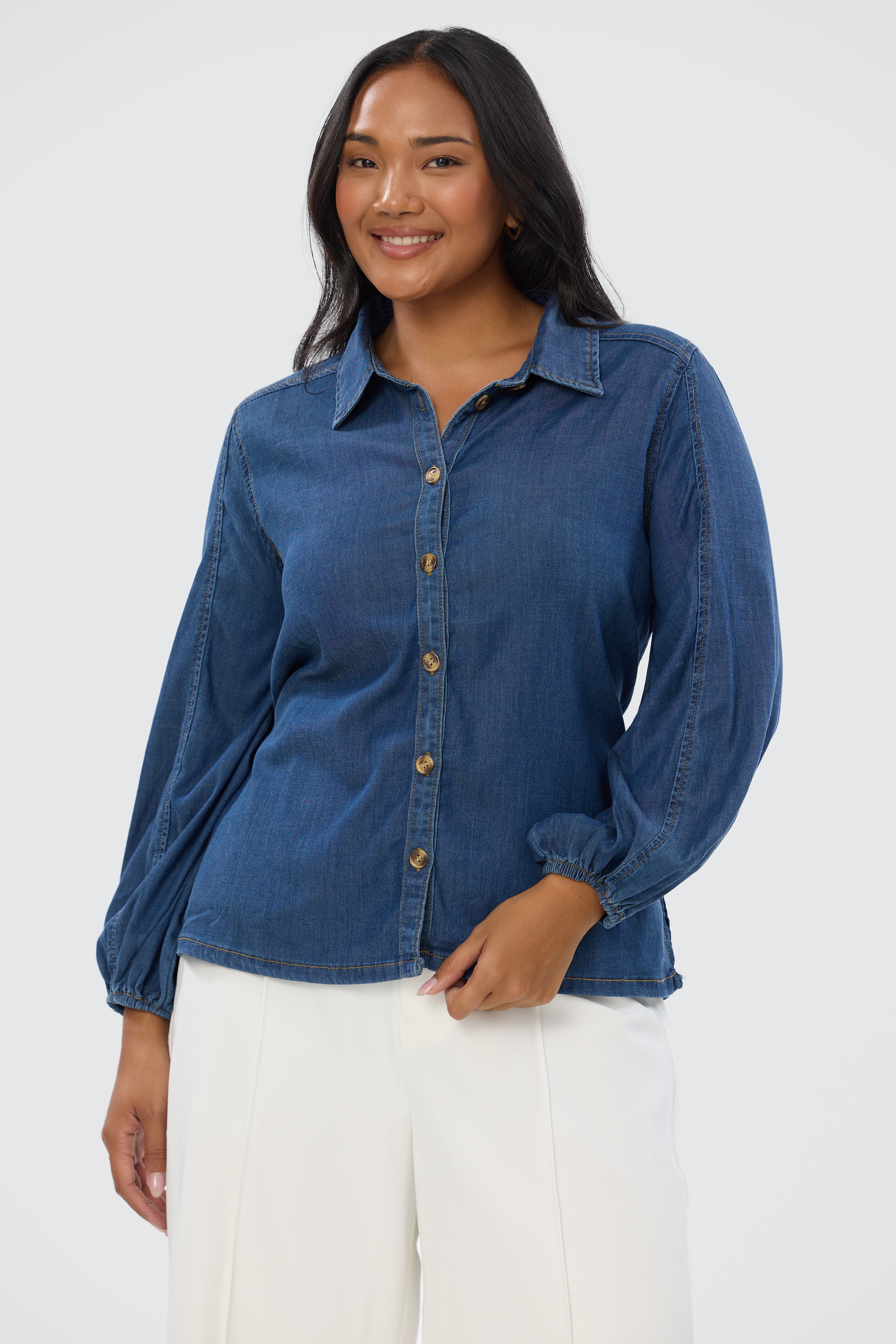 Balloon Sleeve Tie Shirt - Blue - Image 6