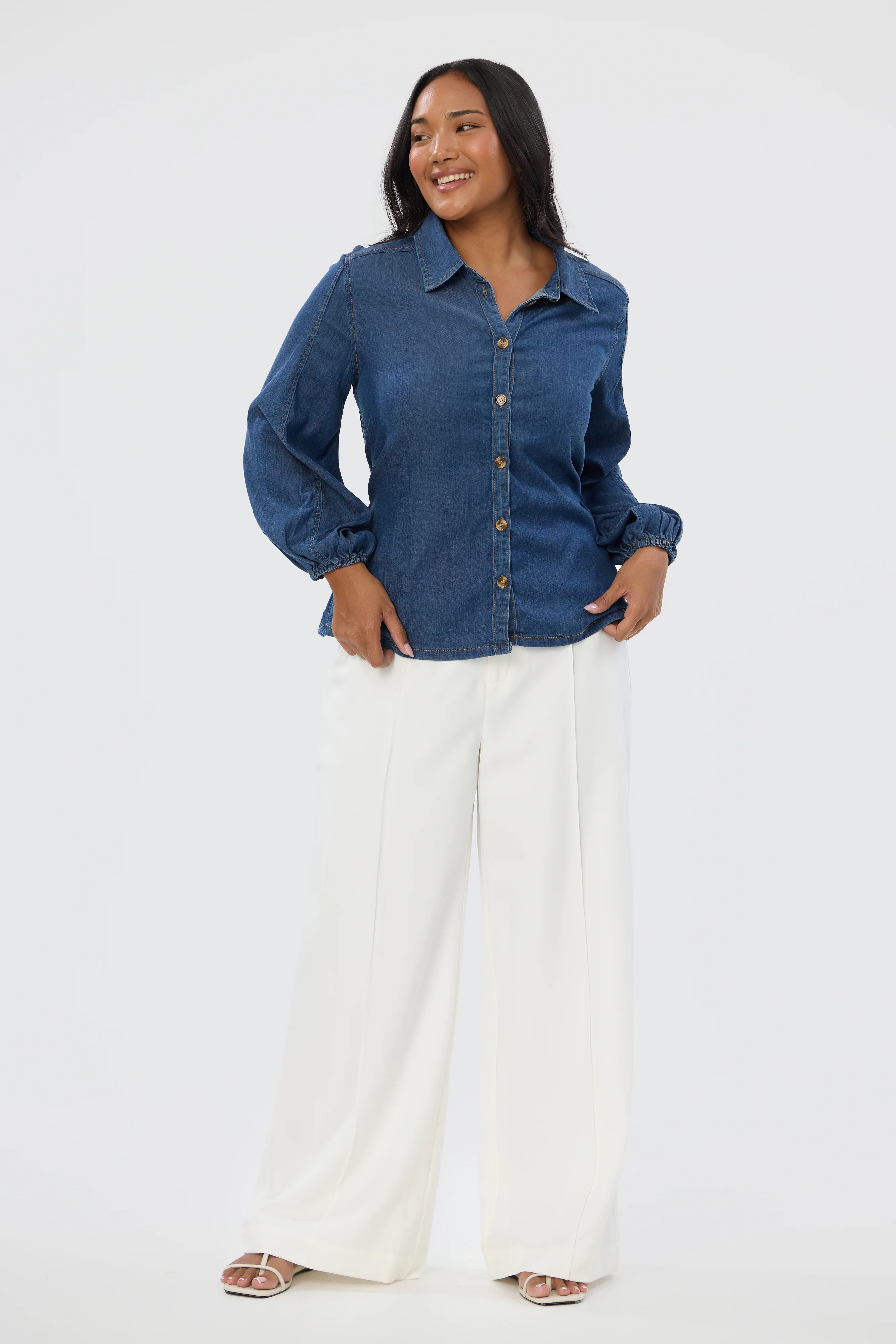 Balloon Sleeve Tie Shirt - Blue - Image 7