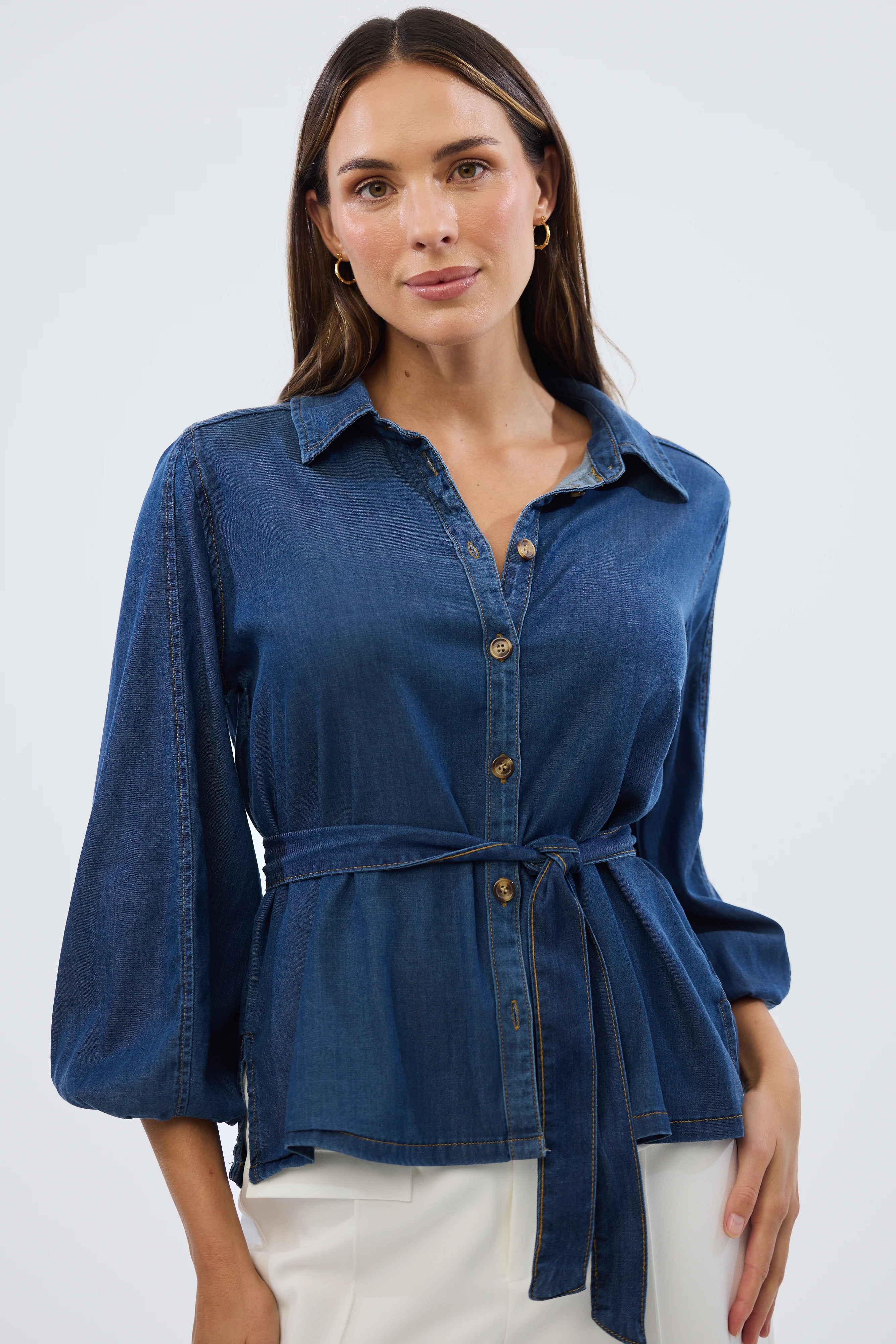 Balloon Sleeve Tie Shirt - Blue - Image 9