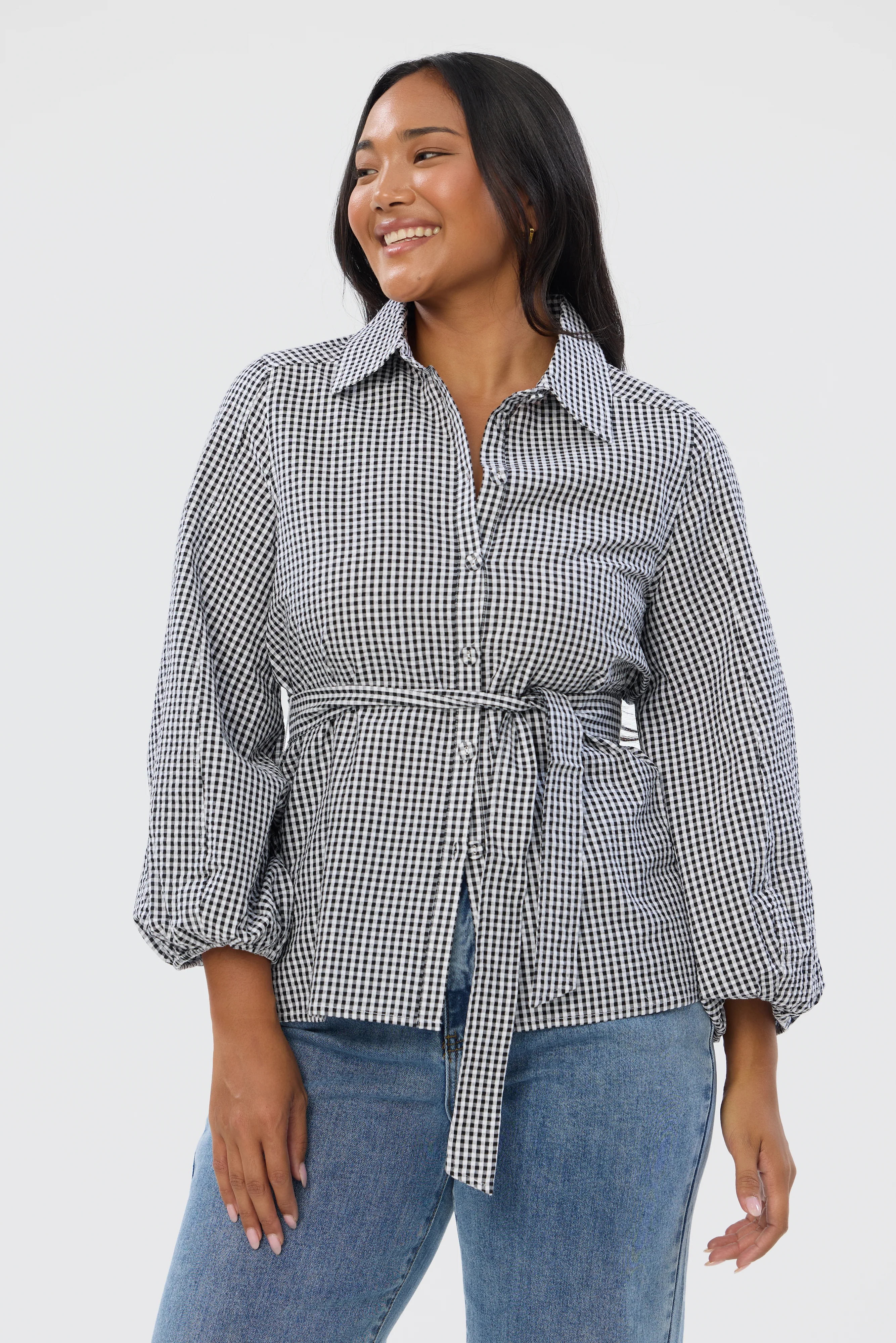 Balloon Sleeve Tie Shirt - Black/White Gingham