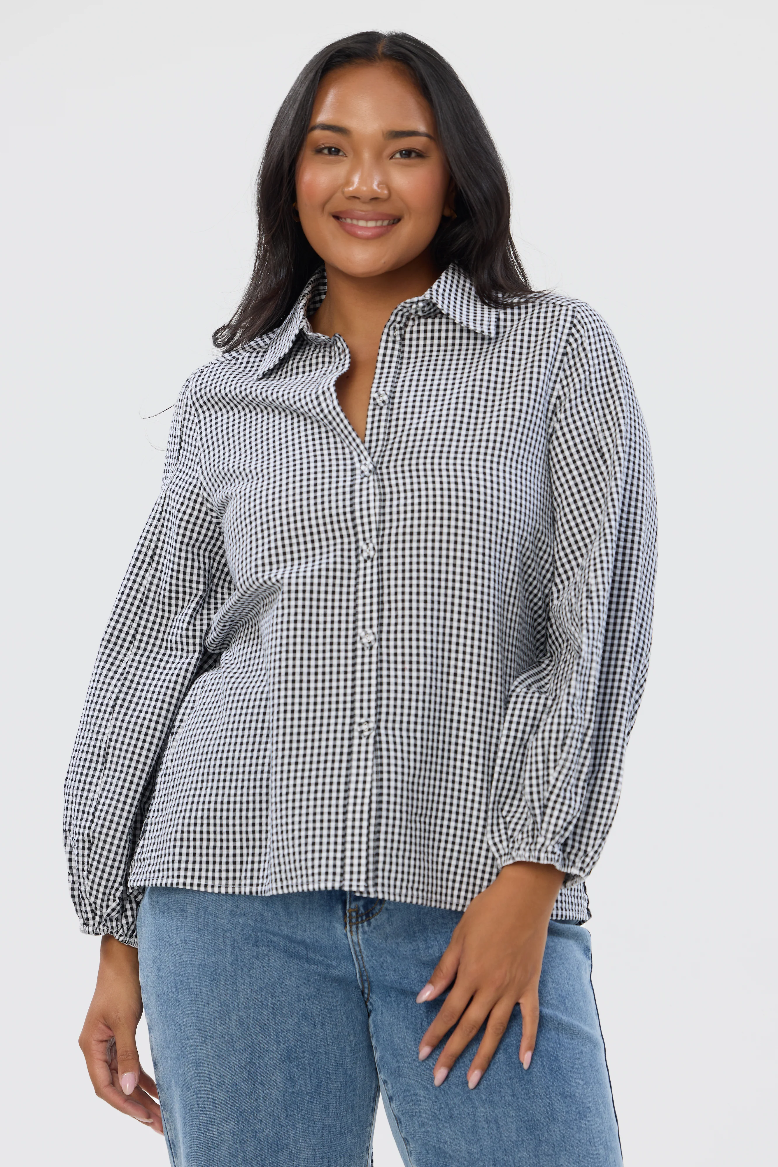 Balloon Sleeve Tie Shirt - Black/White Gingham - Image 6
