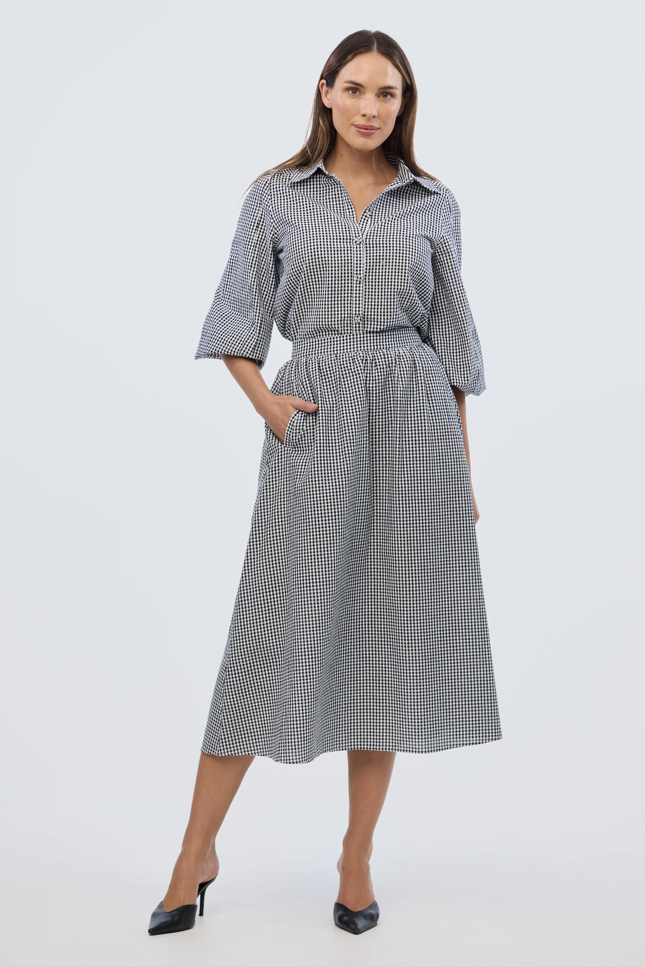 Balloon Sleeve Tie Shirt - Black/White Gingham - Image 8