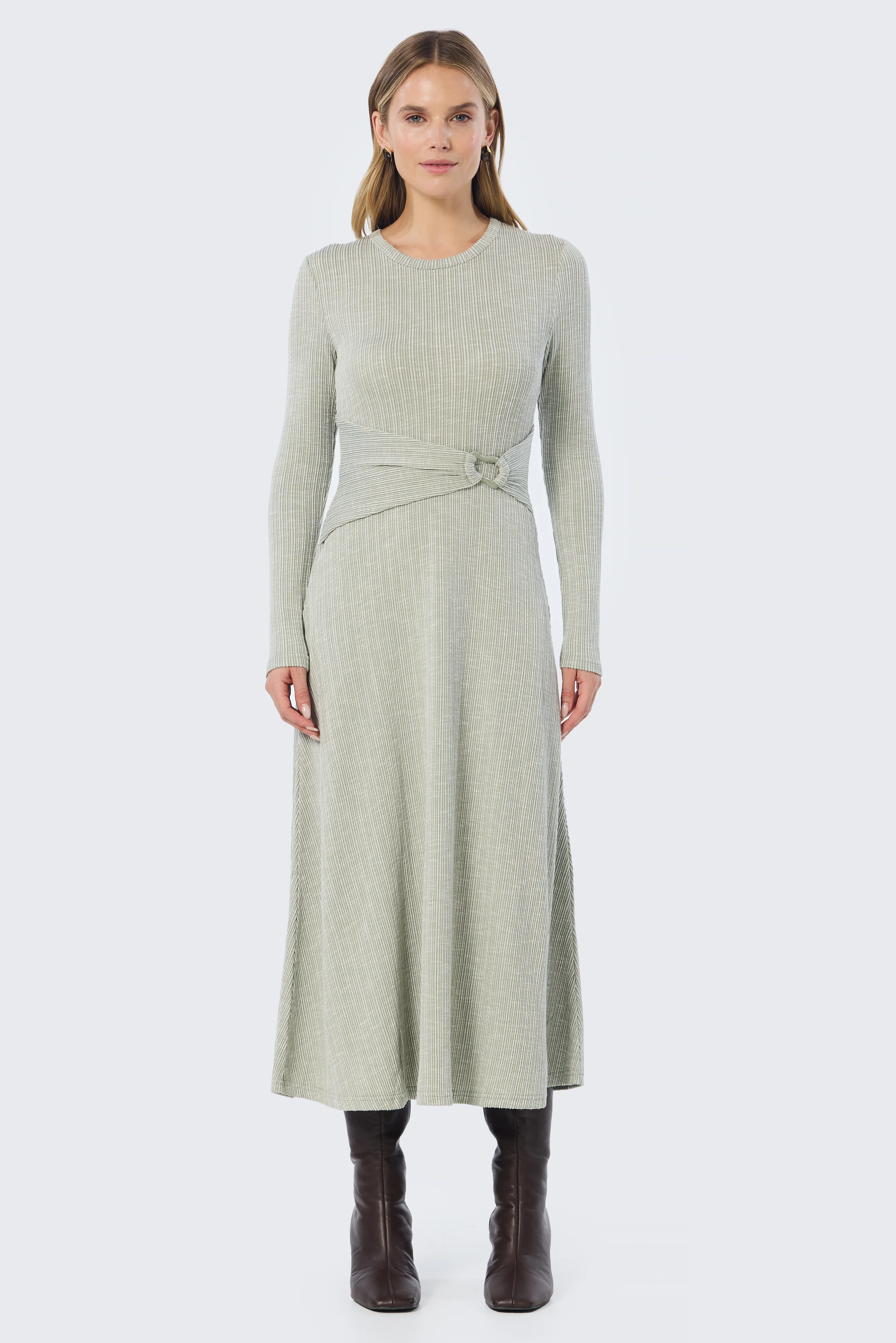 Buckle Gathered Midi Dress - Sage Marl - Image 2