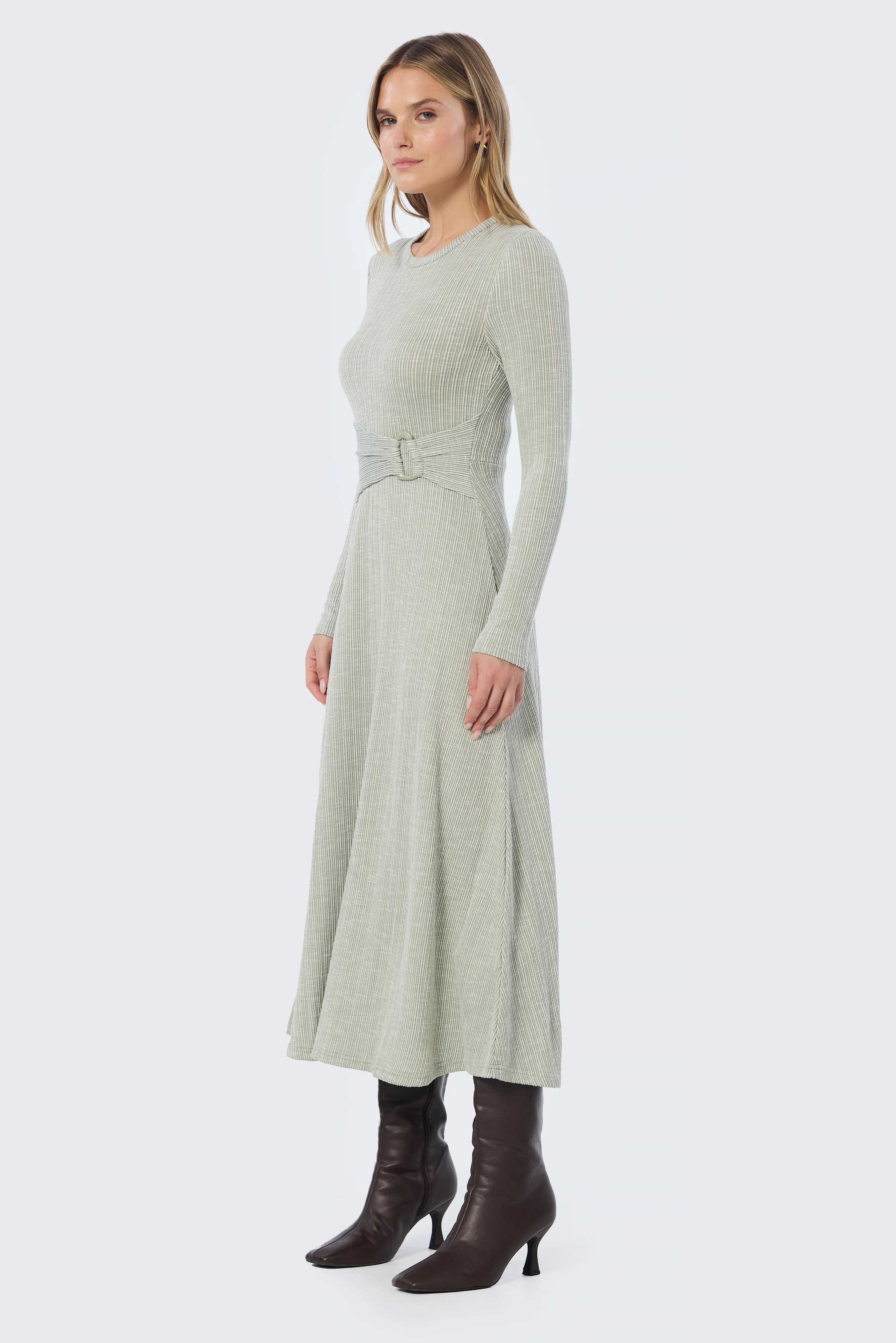 Buckle Gathered Midi Dress - Sage Marl - Image 3