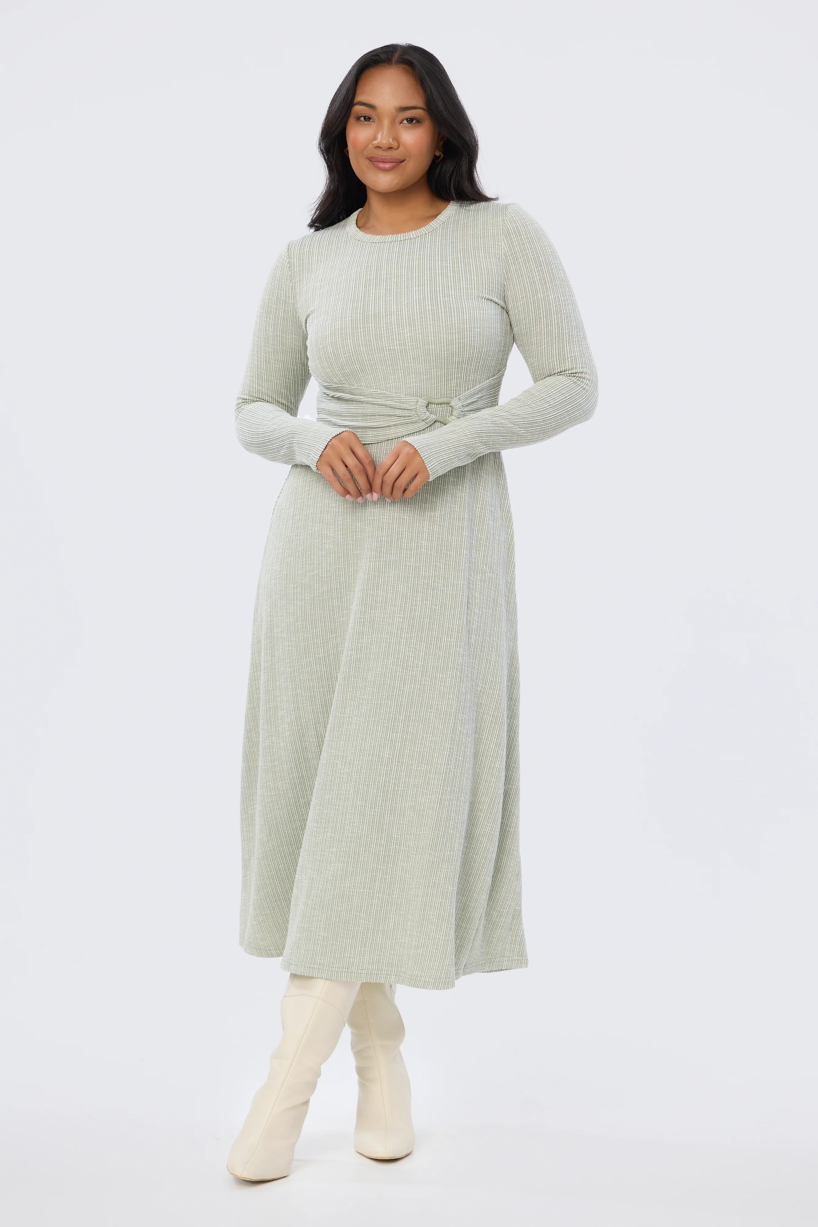 Buckle Gathered Midi Dress - Sage Marl - Image 7