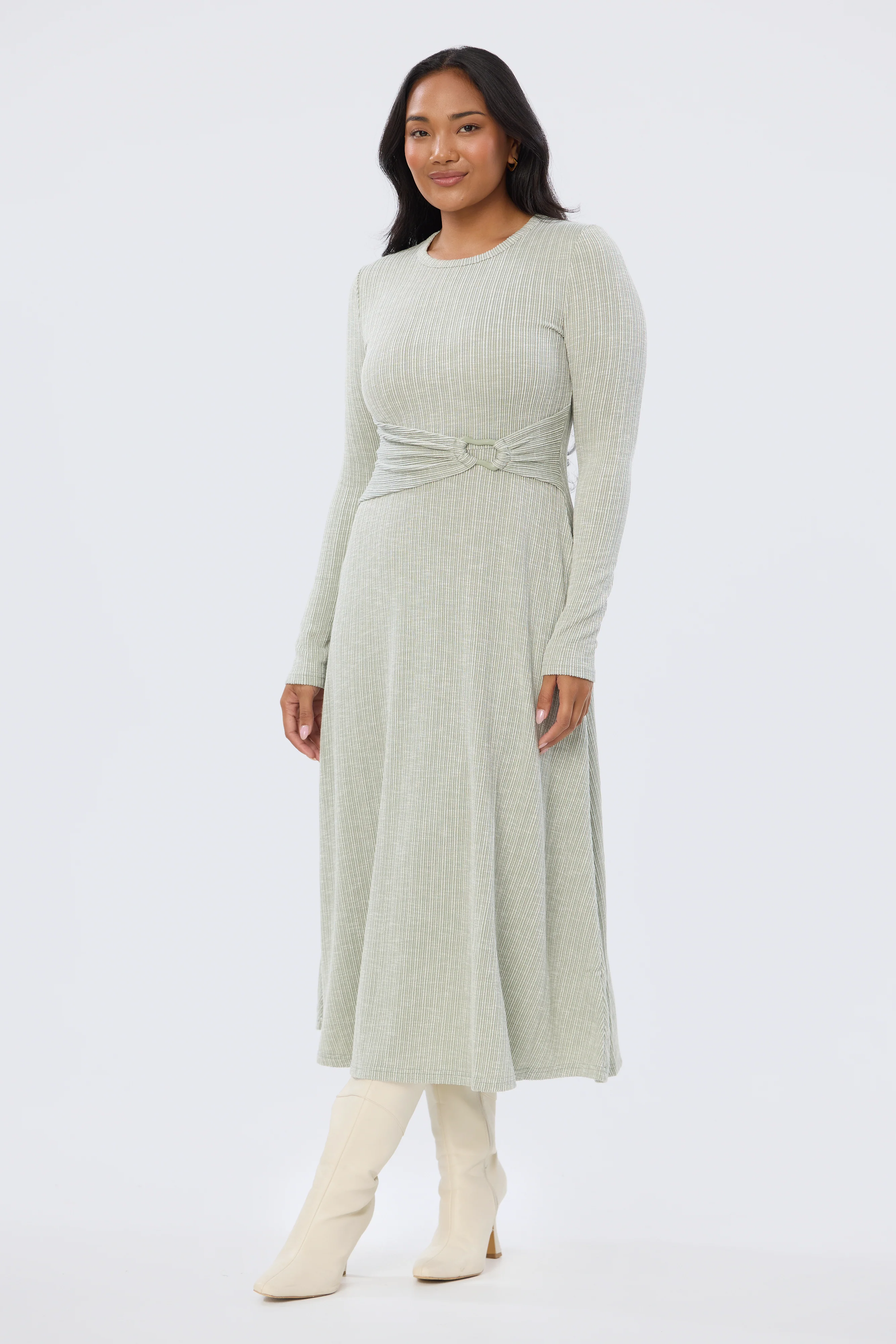 Buckle Gathered Midi Dress - Sage Marl - Image 8