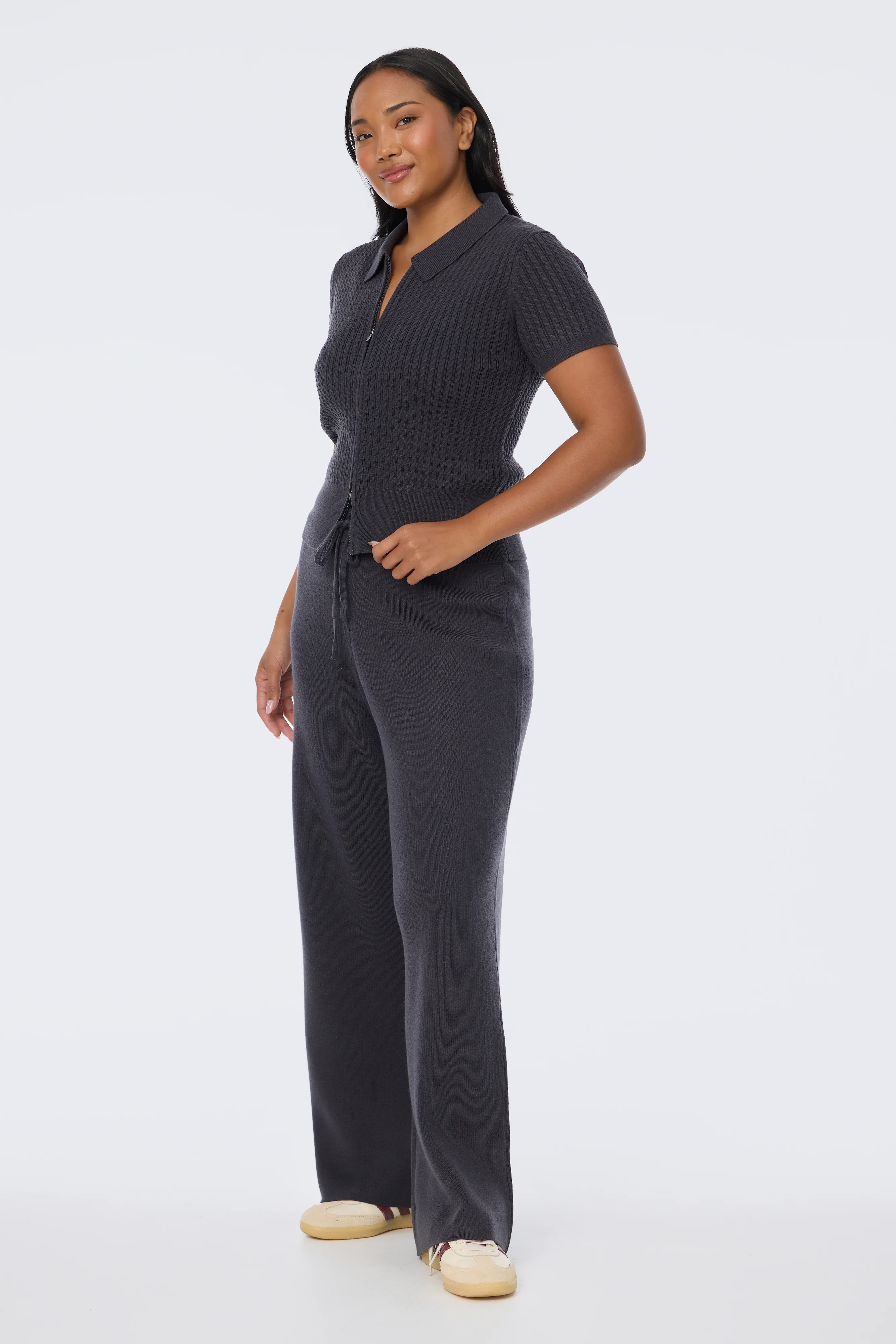 Cable Knit Zip Top - Charcoal - Image 4