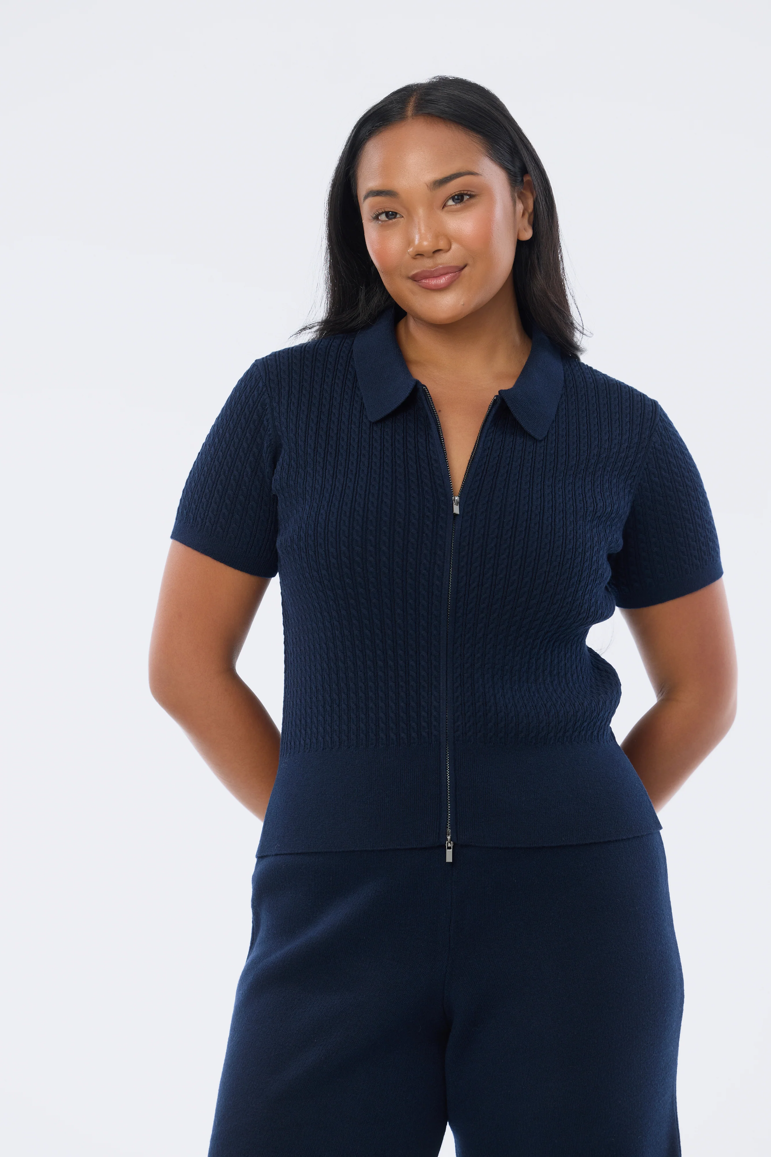 Cable Knit Zip Top - Navy - Image 3