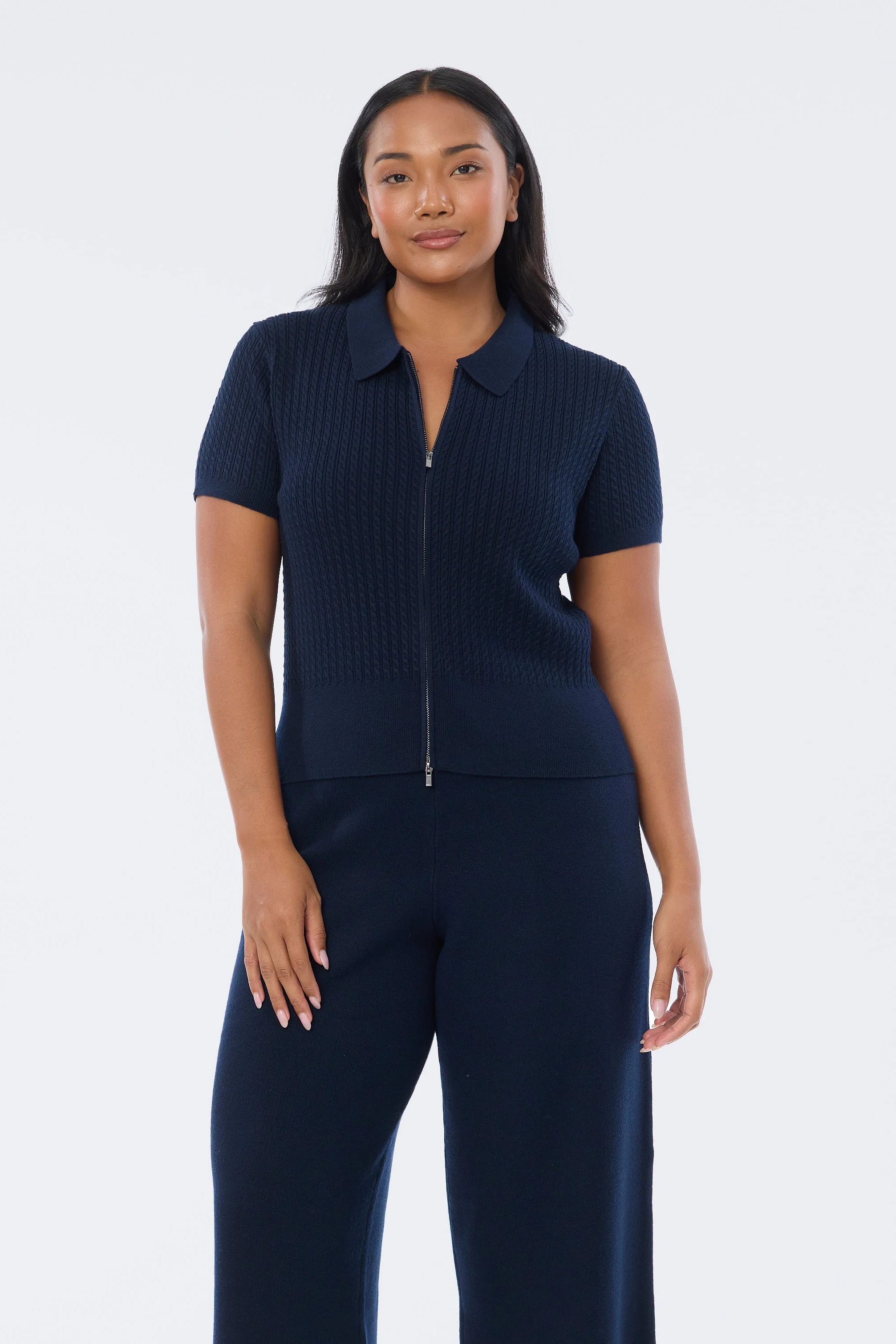 Cable Knit Zip Top - Navy - Image 4