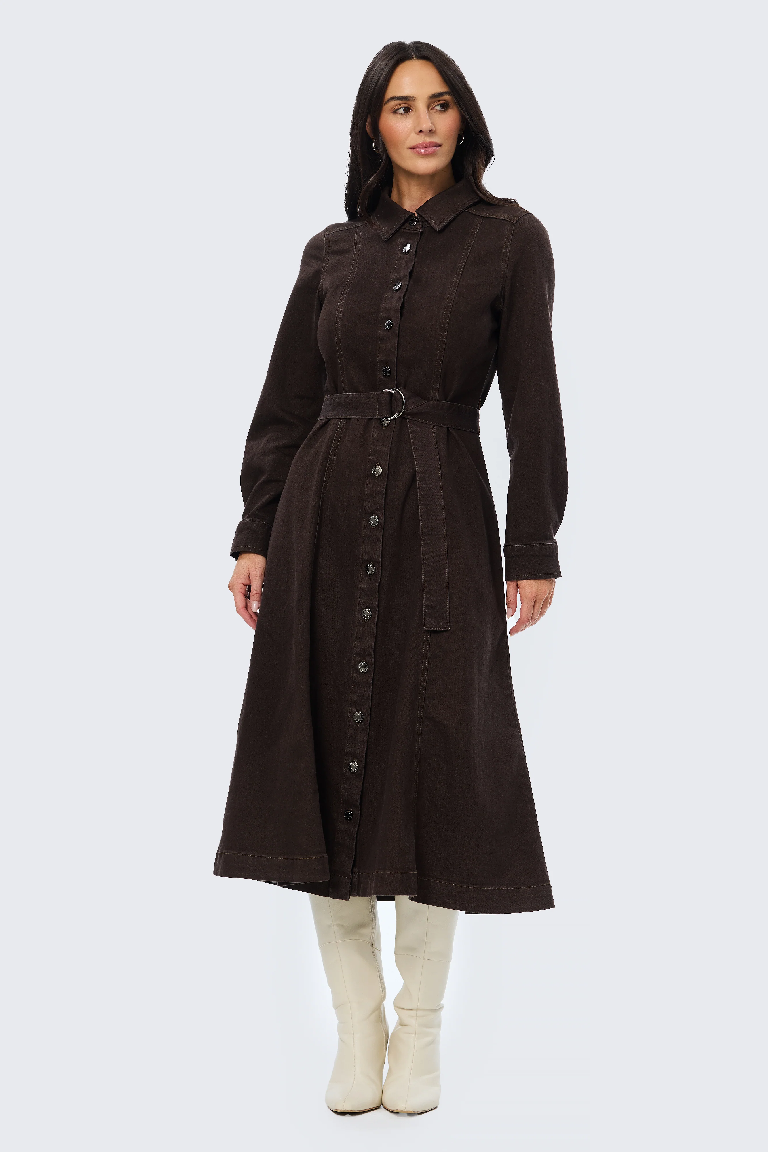 D Ring Denim Shirt Dress - Chocolate