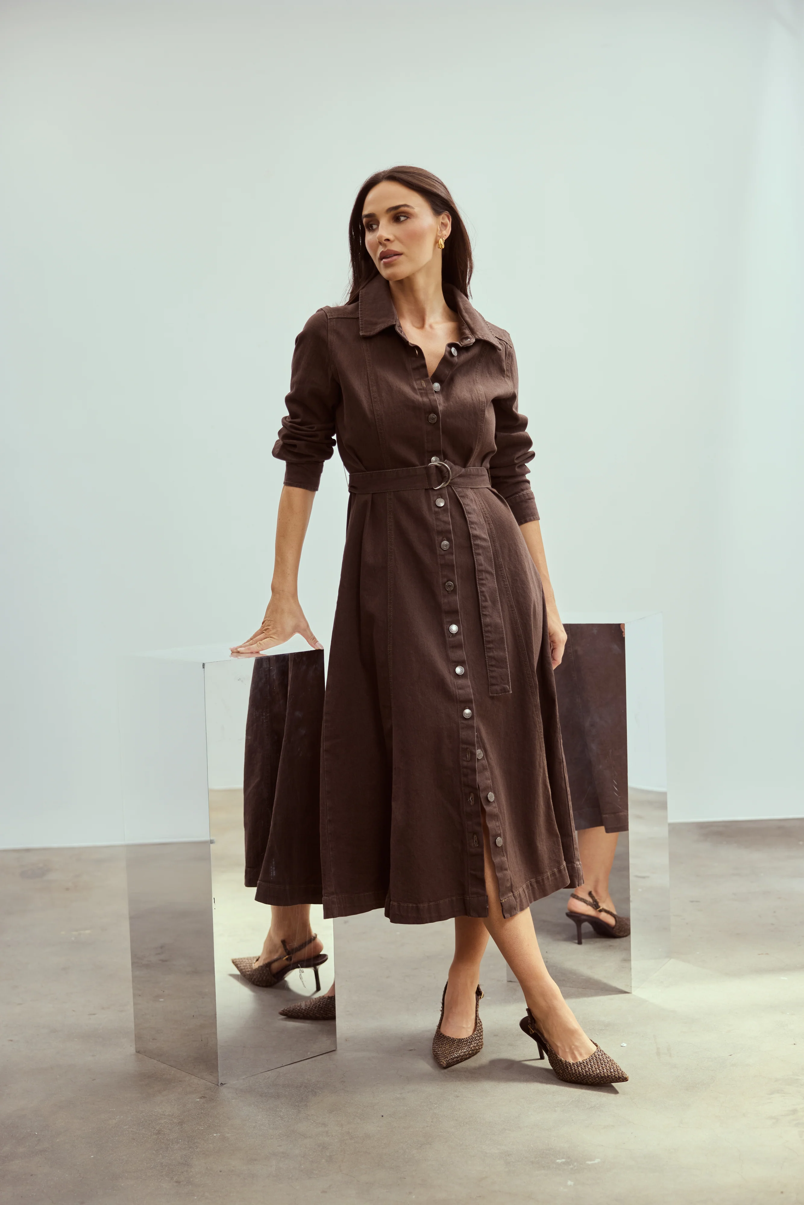 D Ring Denim Shirt Dress - Chocolate - Image 2