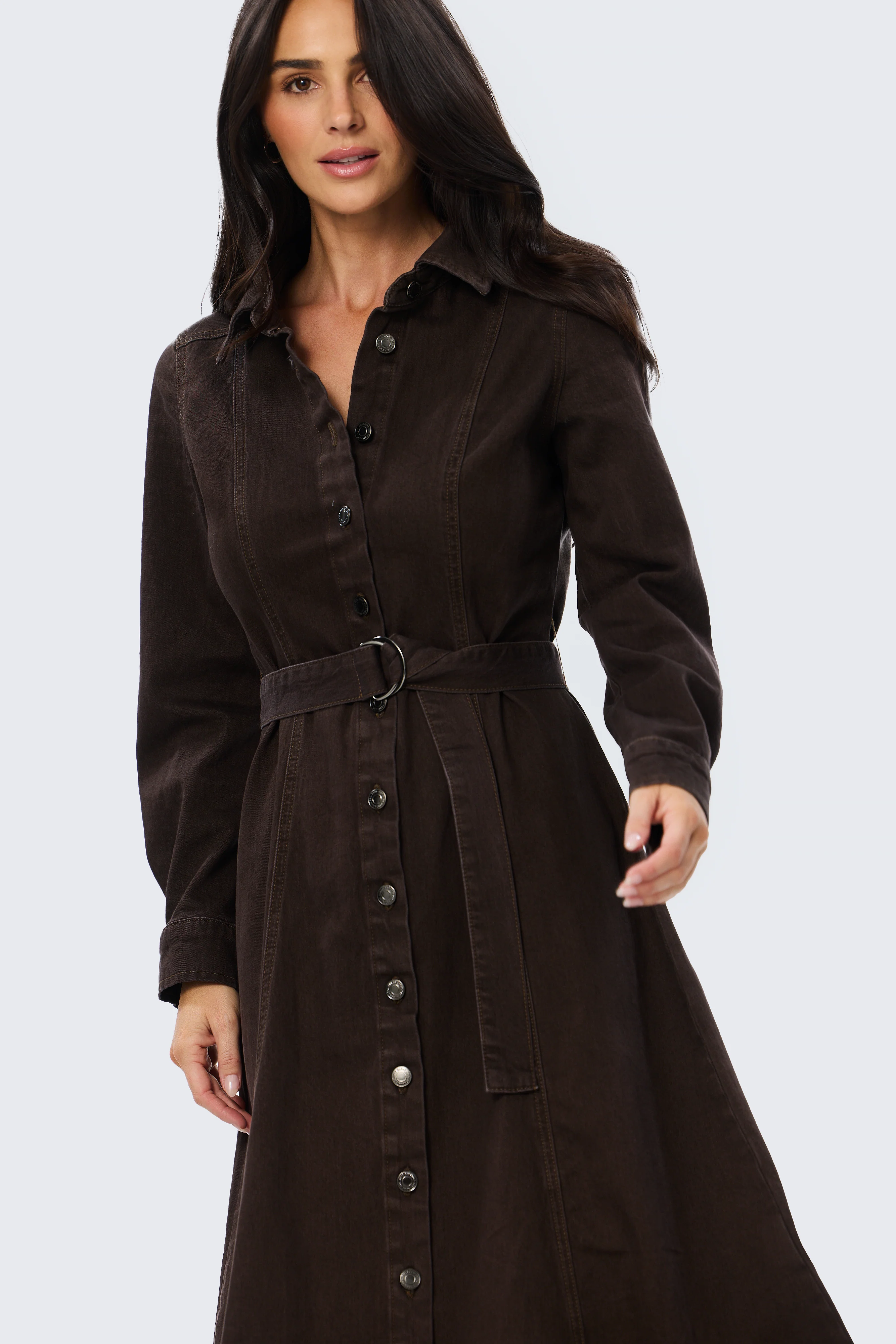 D Ring Denim Shirt Dress - Chocolate - Image 3