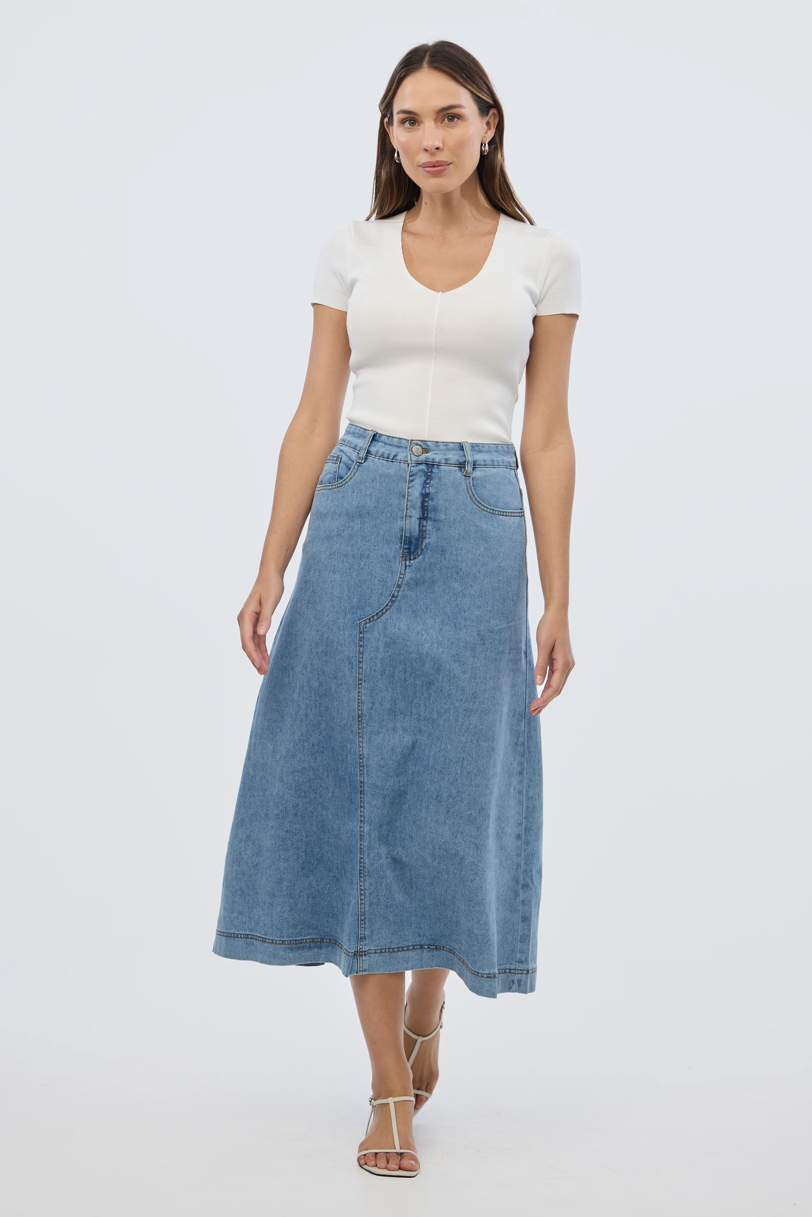 Denim A-Line Midi Skirt - Mid Blue Wash - Image 3