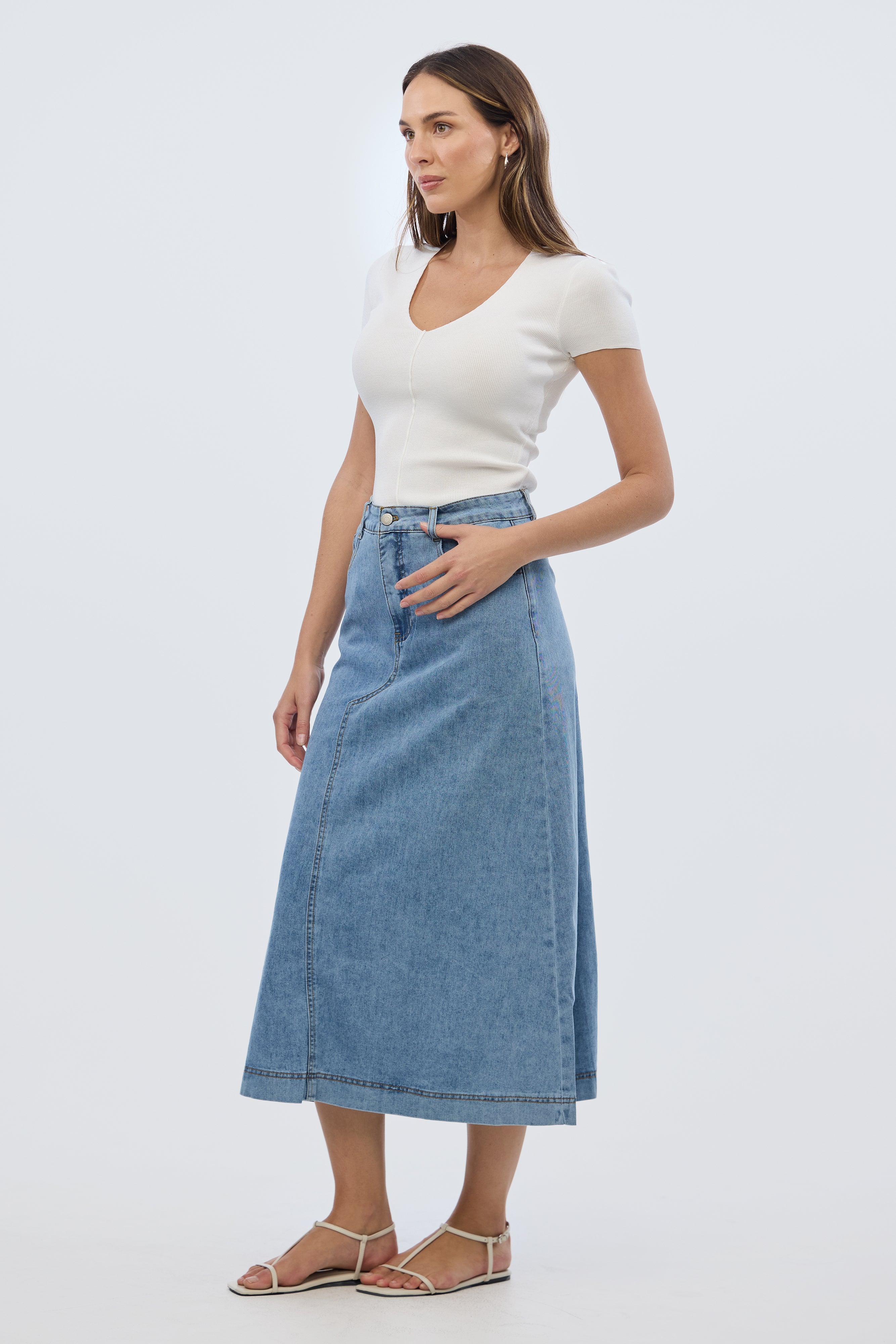Denim A-Line Midi Skirt - Mid Blue Wash - Image 4