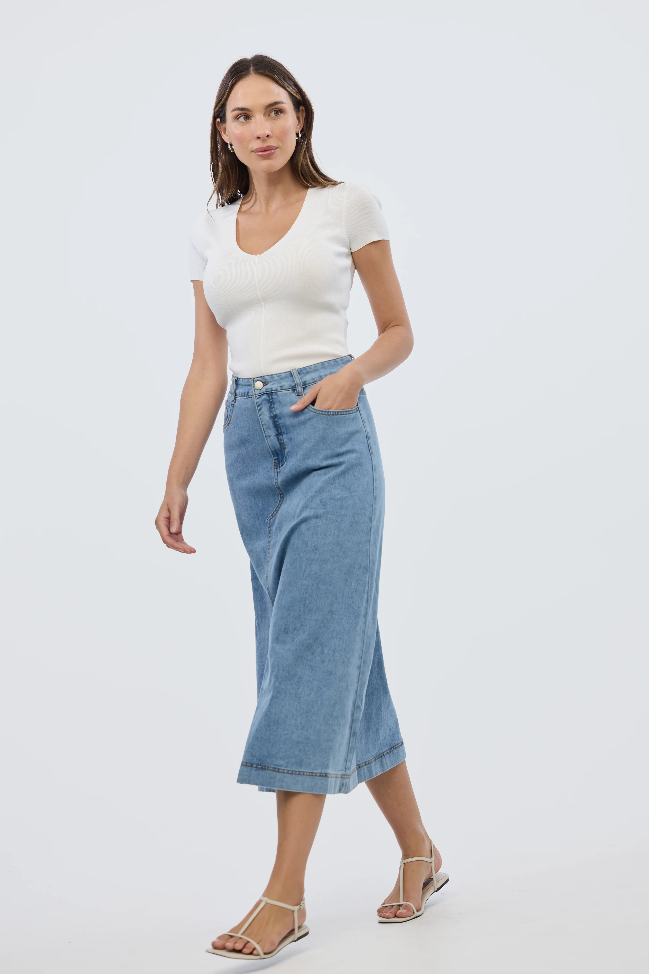 Denim A-Line Midi Skirt - Mid Blue Wash - Image 6