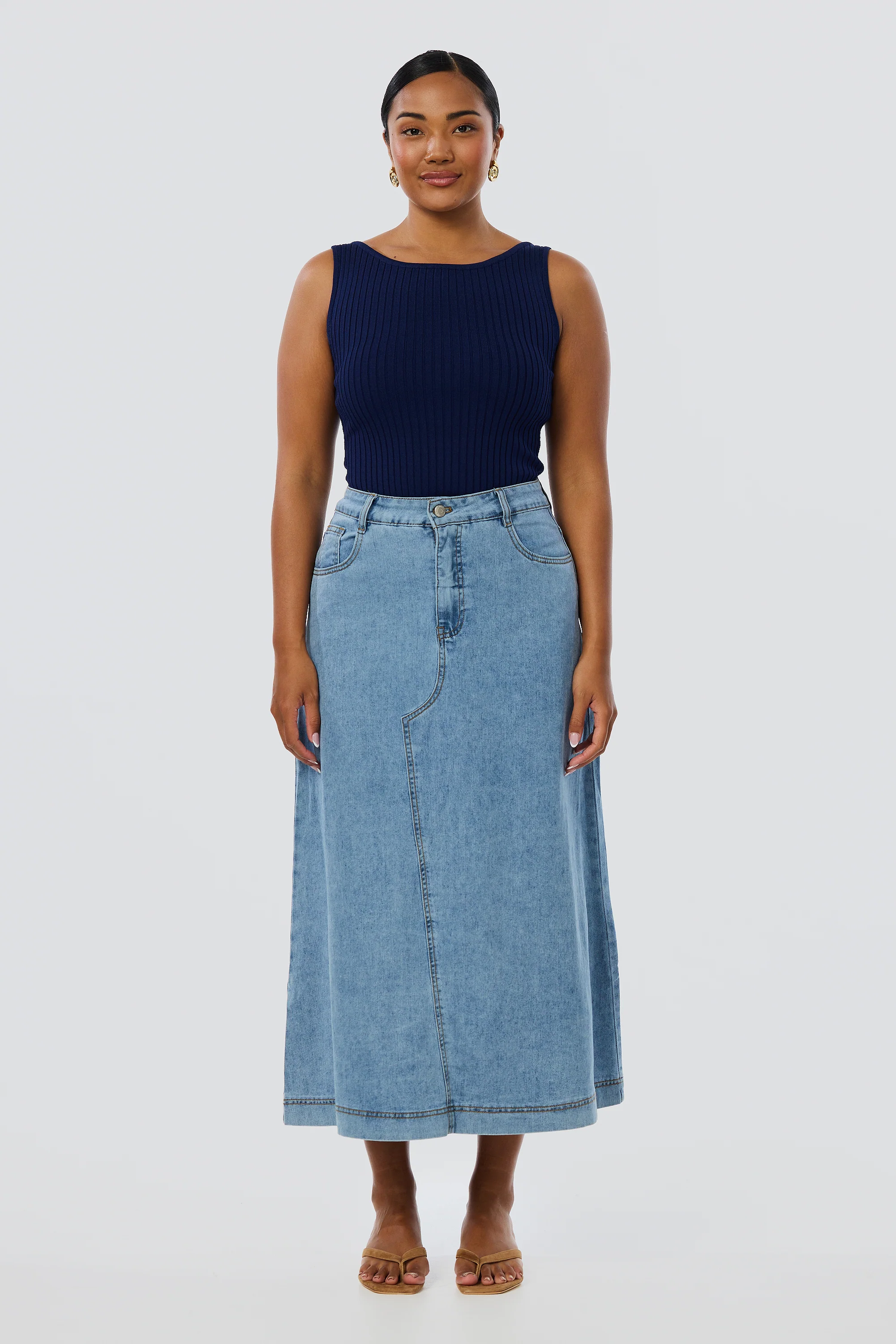 Denim A-Line Midi Skirt - Mid Blue Wash - Image 7