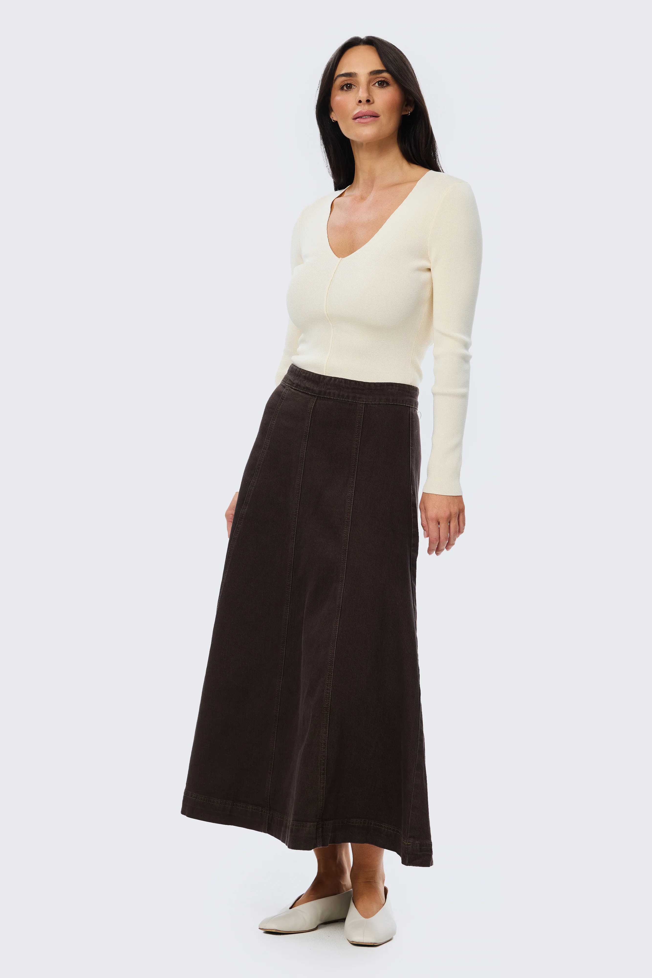 Denim Panelled Skirt - Chocolate