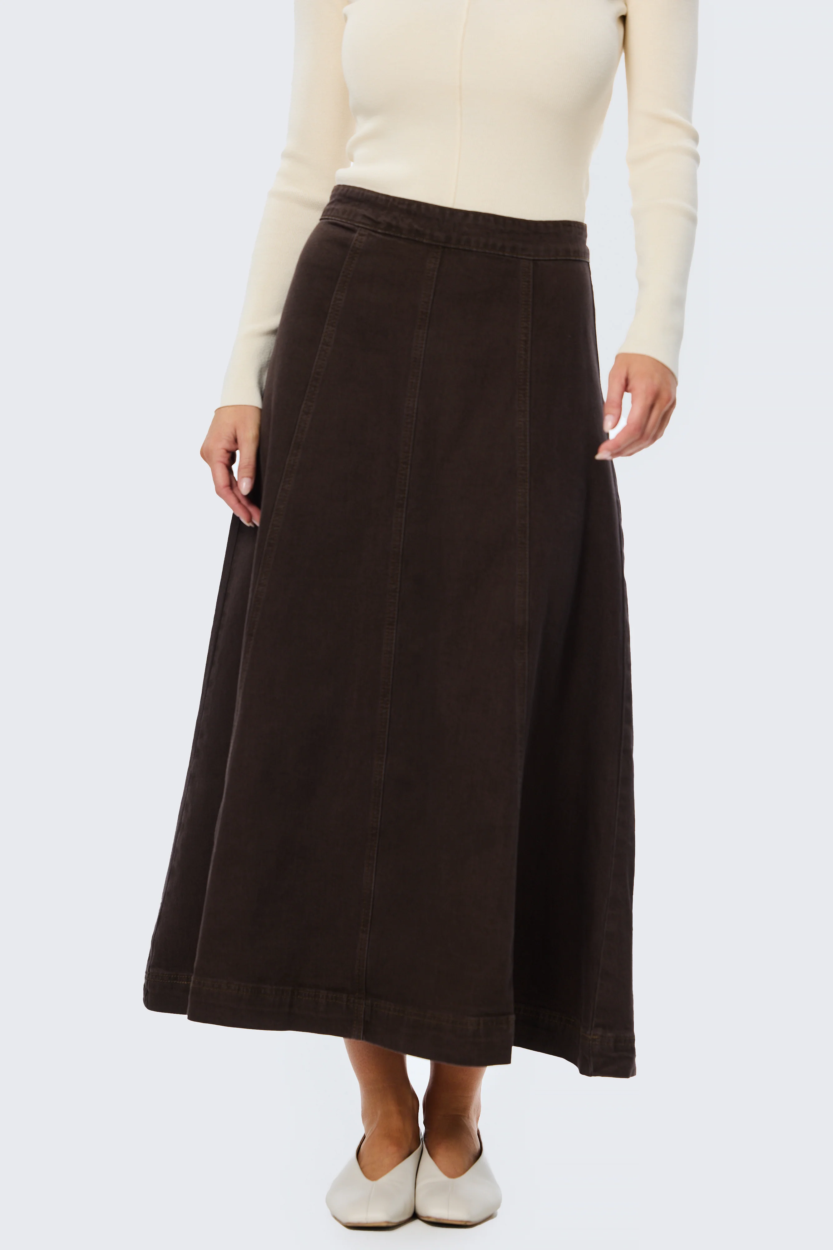 Denim Panelled Skirt - Chocolate - Image 2