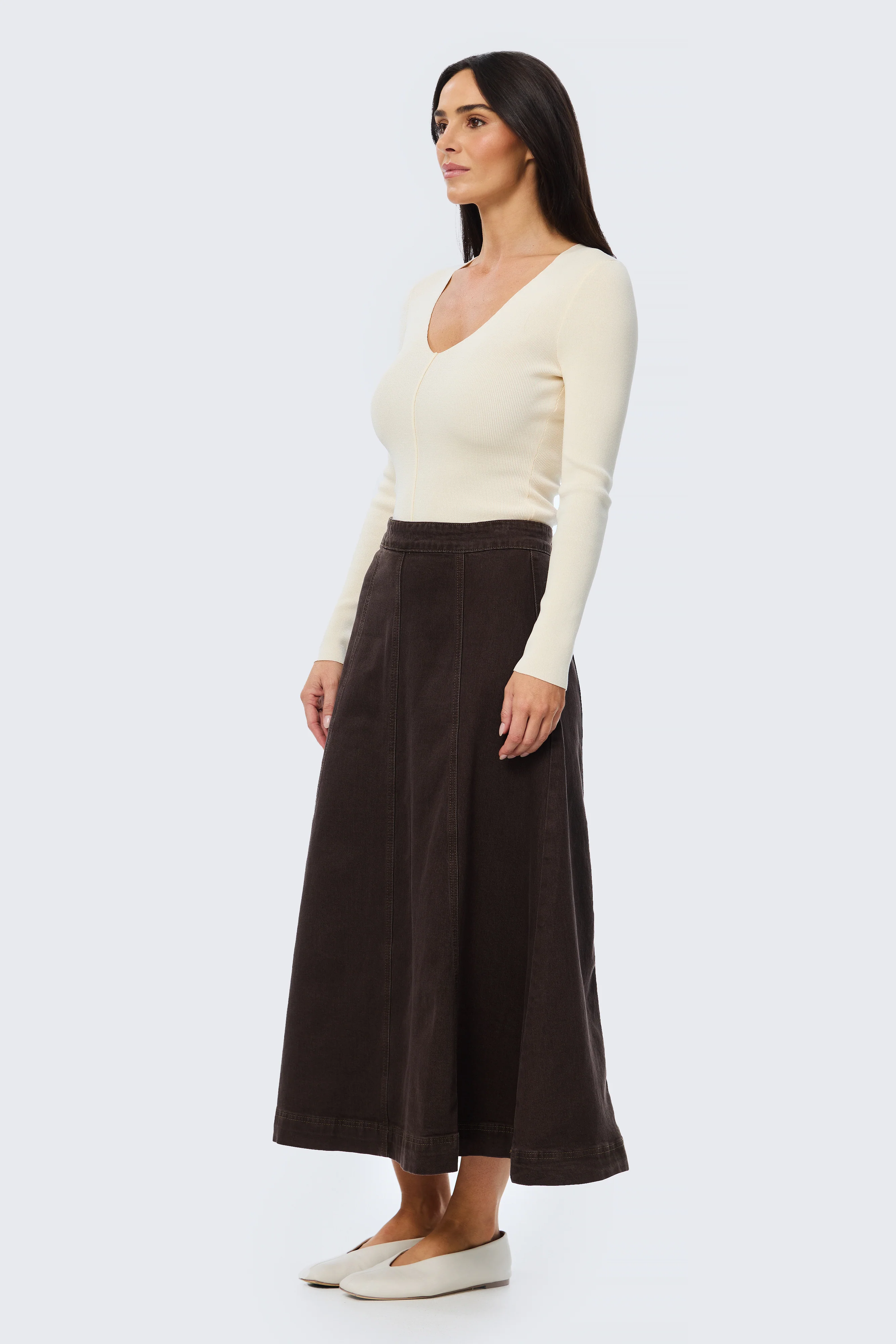 Denim Panelled Skirt - Chocolate - Image 3