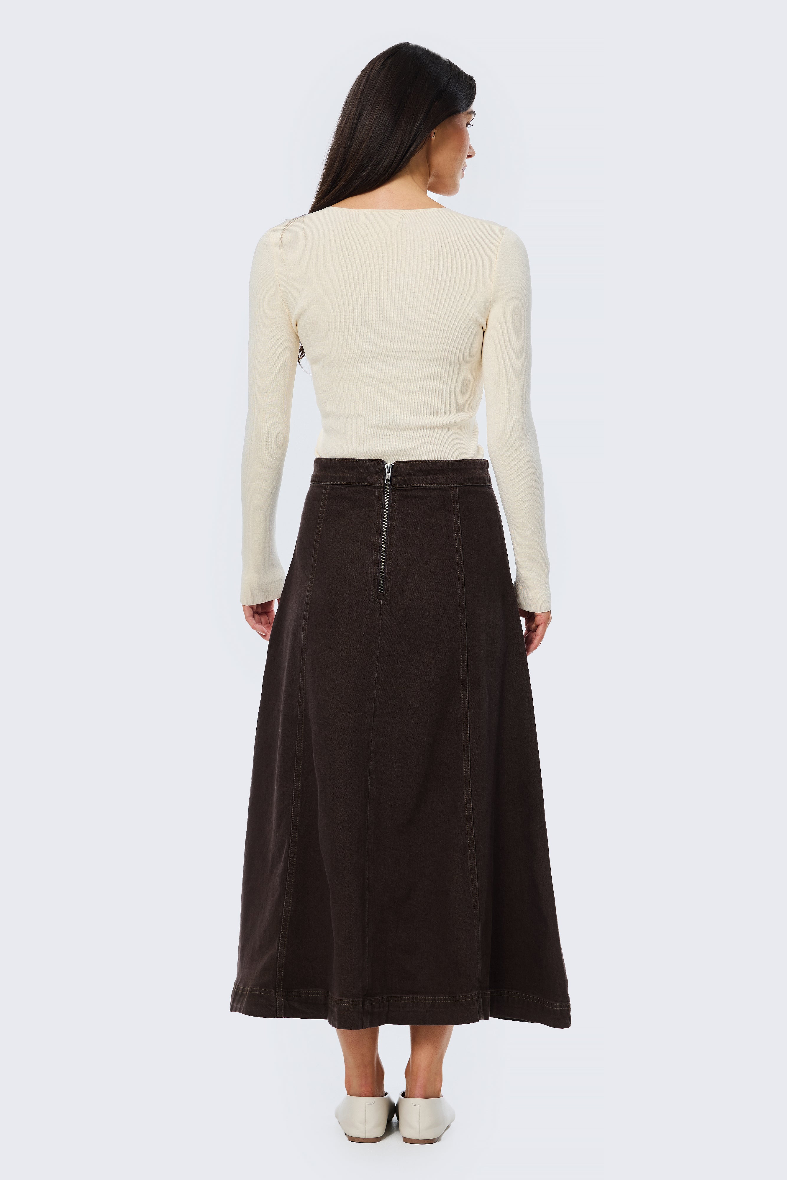 Denim Panelled Skirt - Chocolate - Image 4