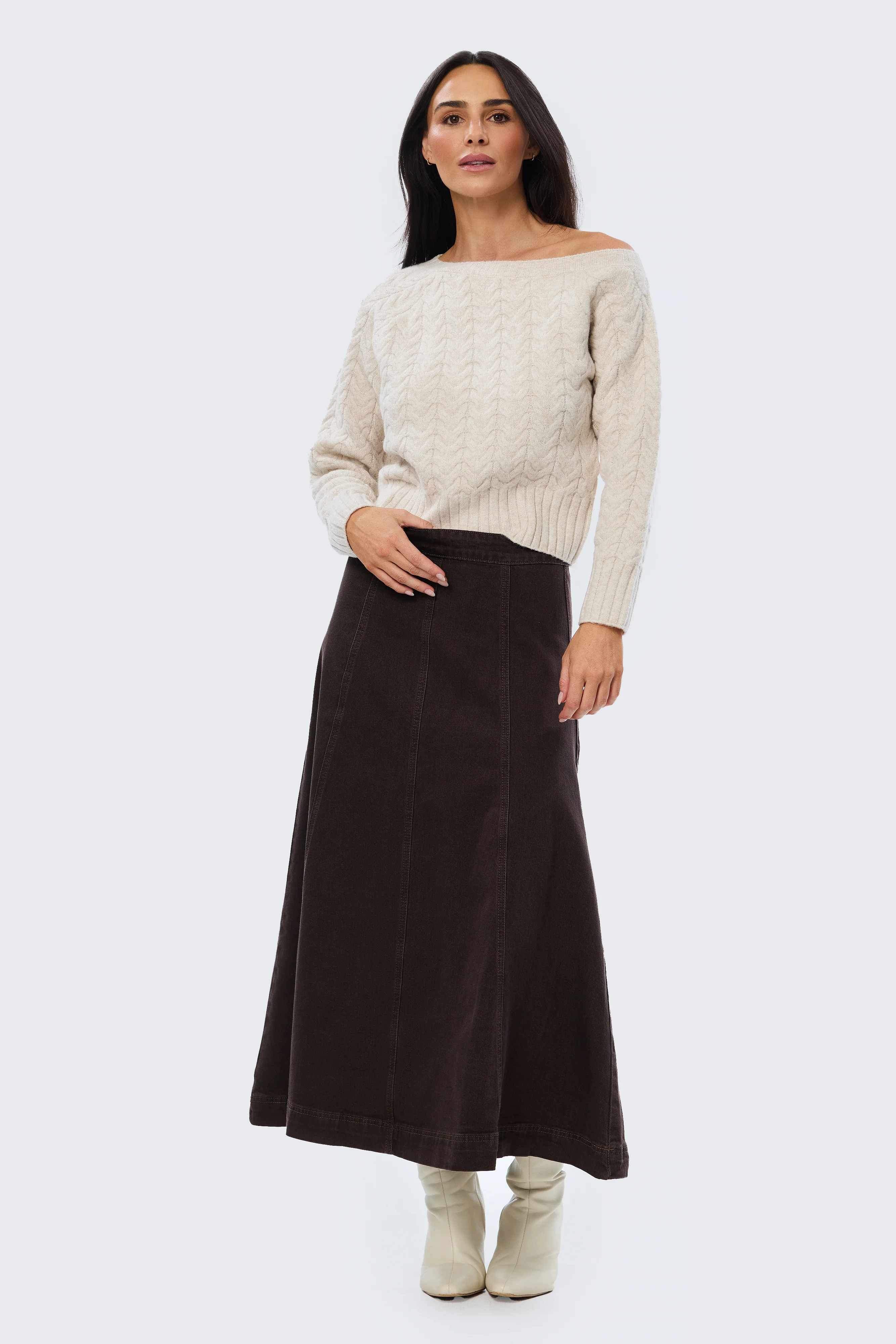 Denim Panelled Skirt - Chocolate - Image 6