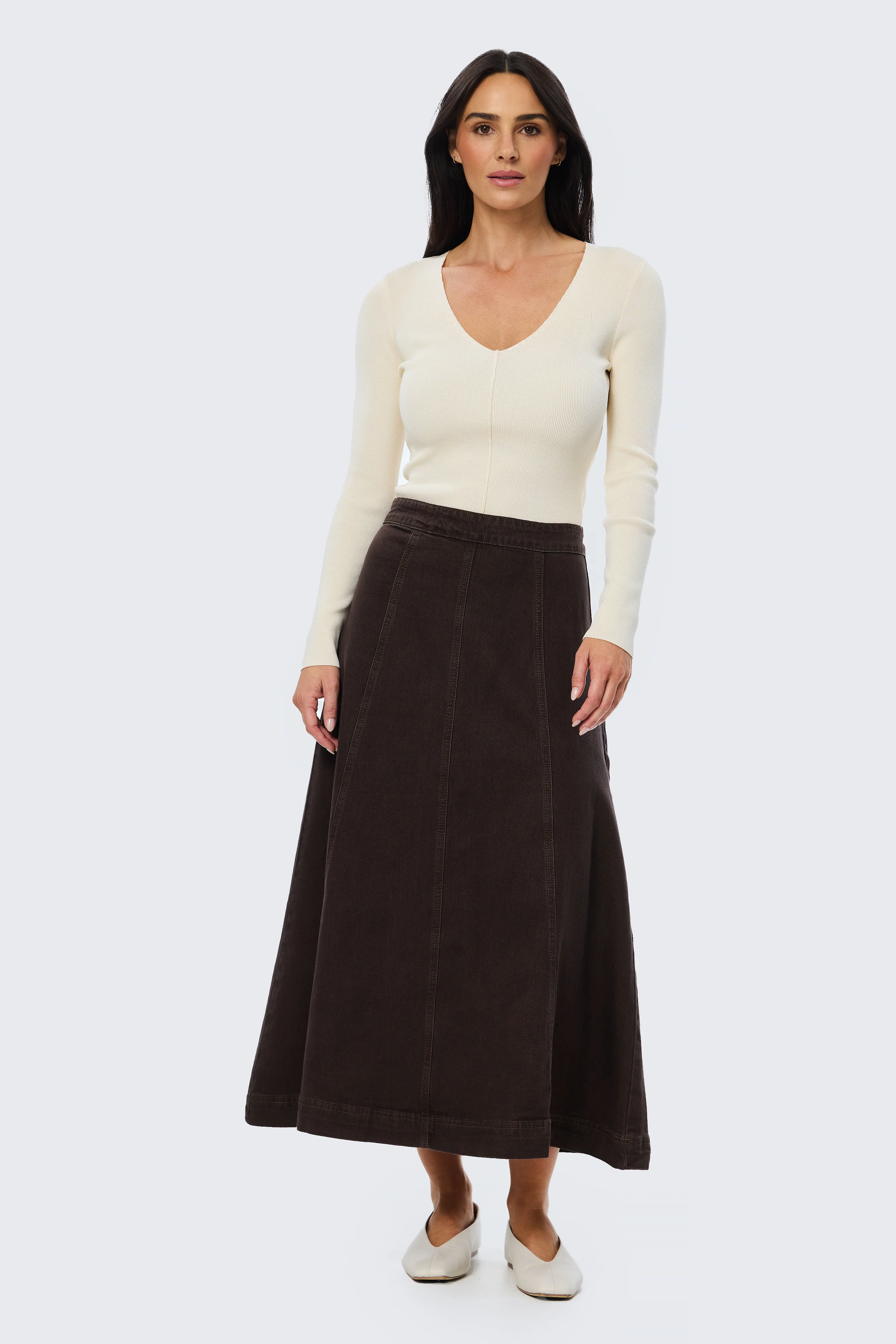 Denim Panelled Skirt - Chocolate - Image 7