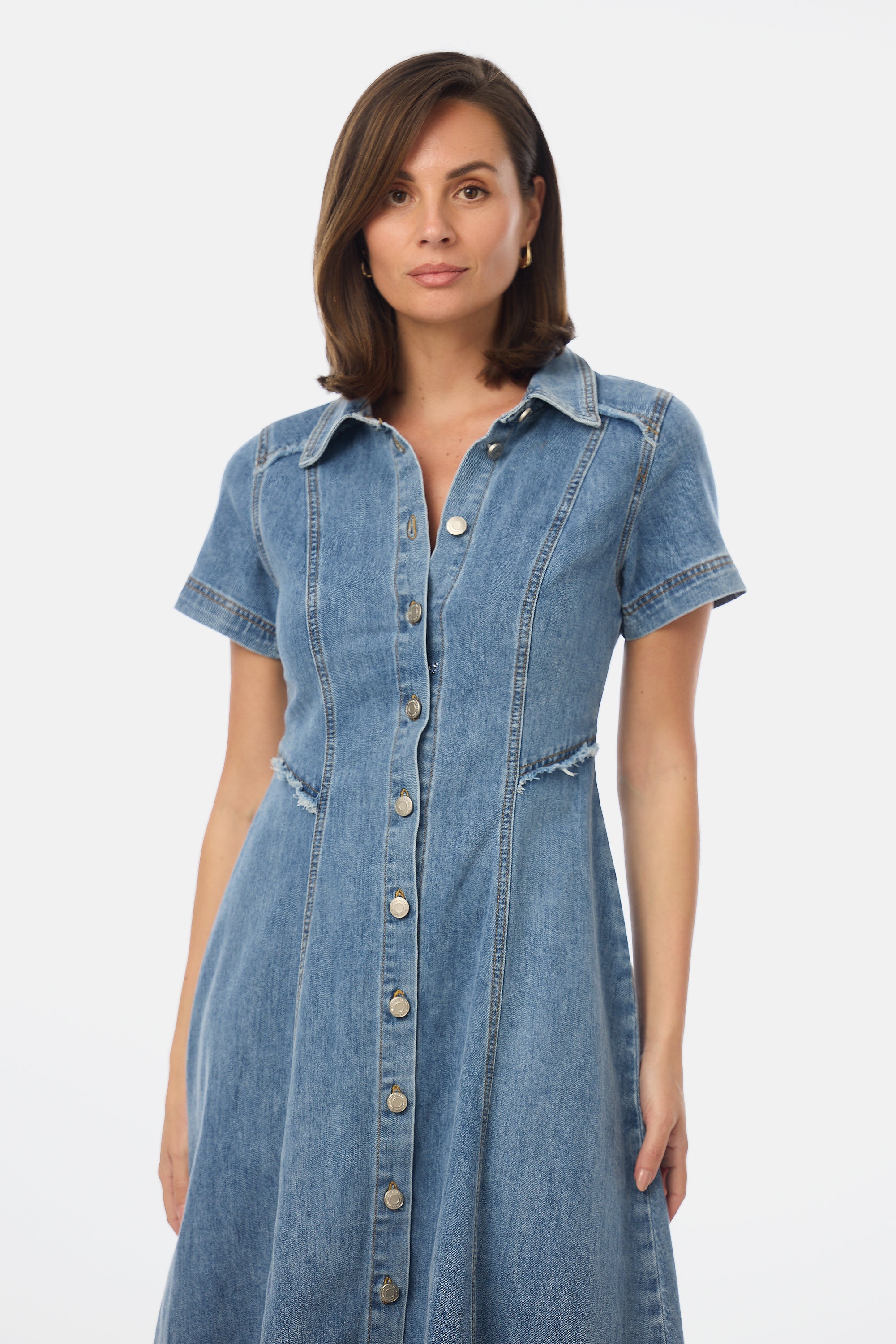 Denim Short Sleeve Midi Dress - Mid Blue Wash - Image 3