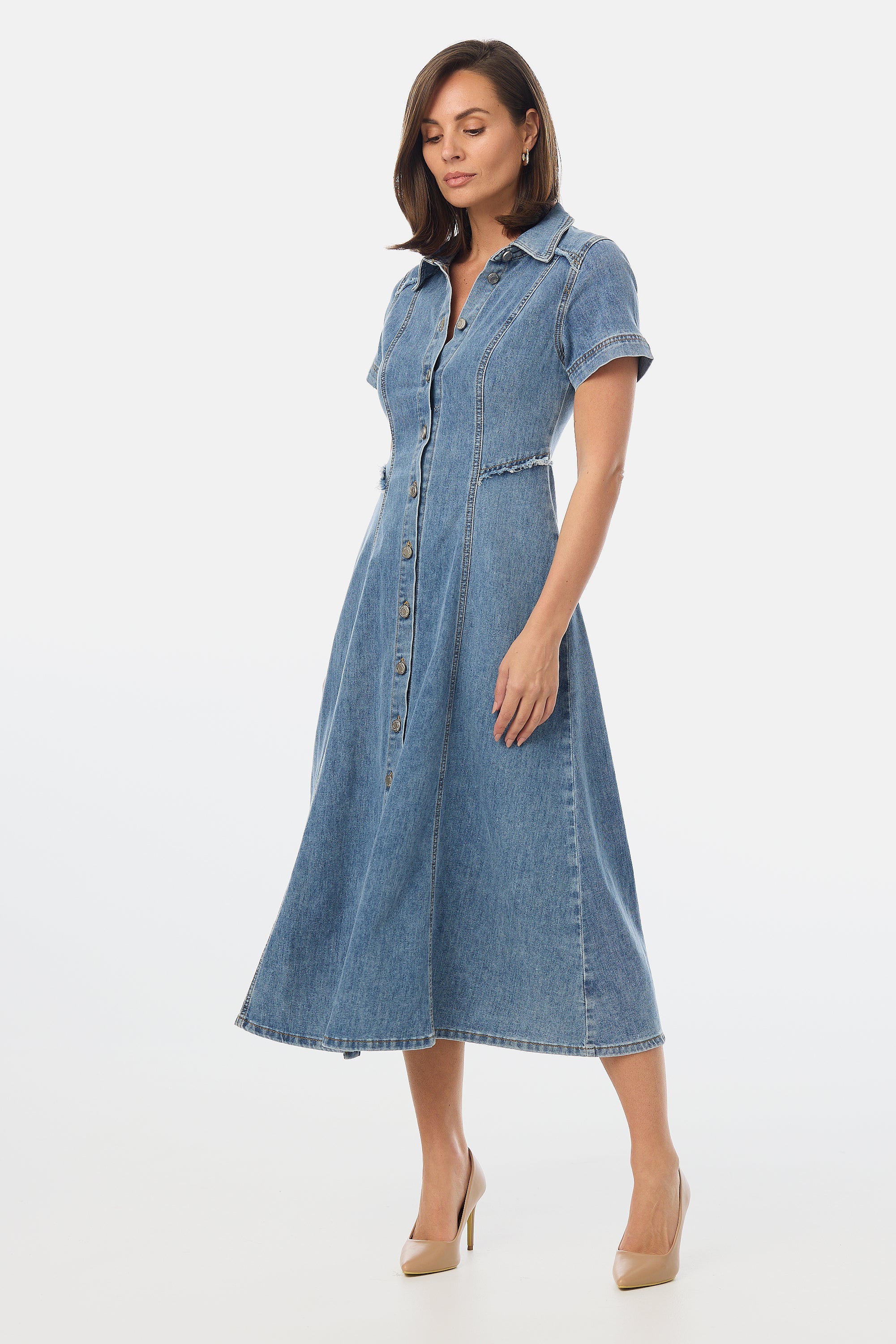 Denim Short Sleeve Midi Dress - Mid Blue Wash - Image 4