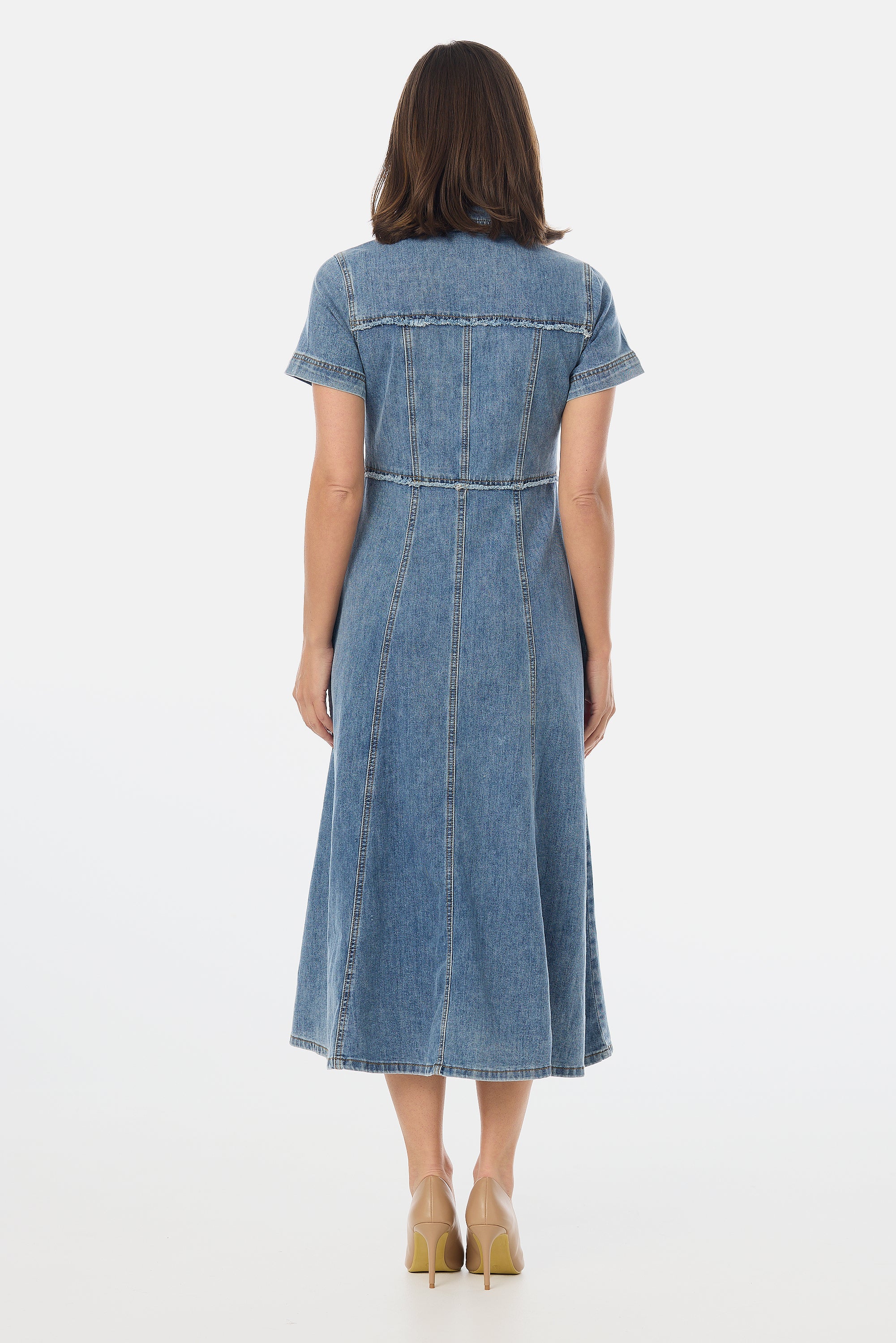 Denim Short Sleeve Midi Dress - Mid Blue Wash - Image 5