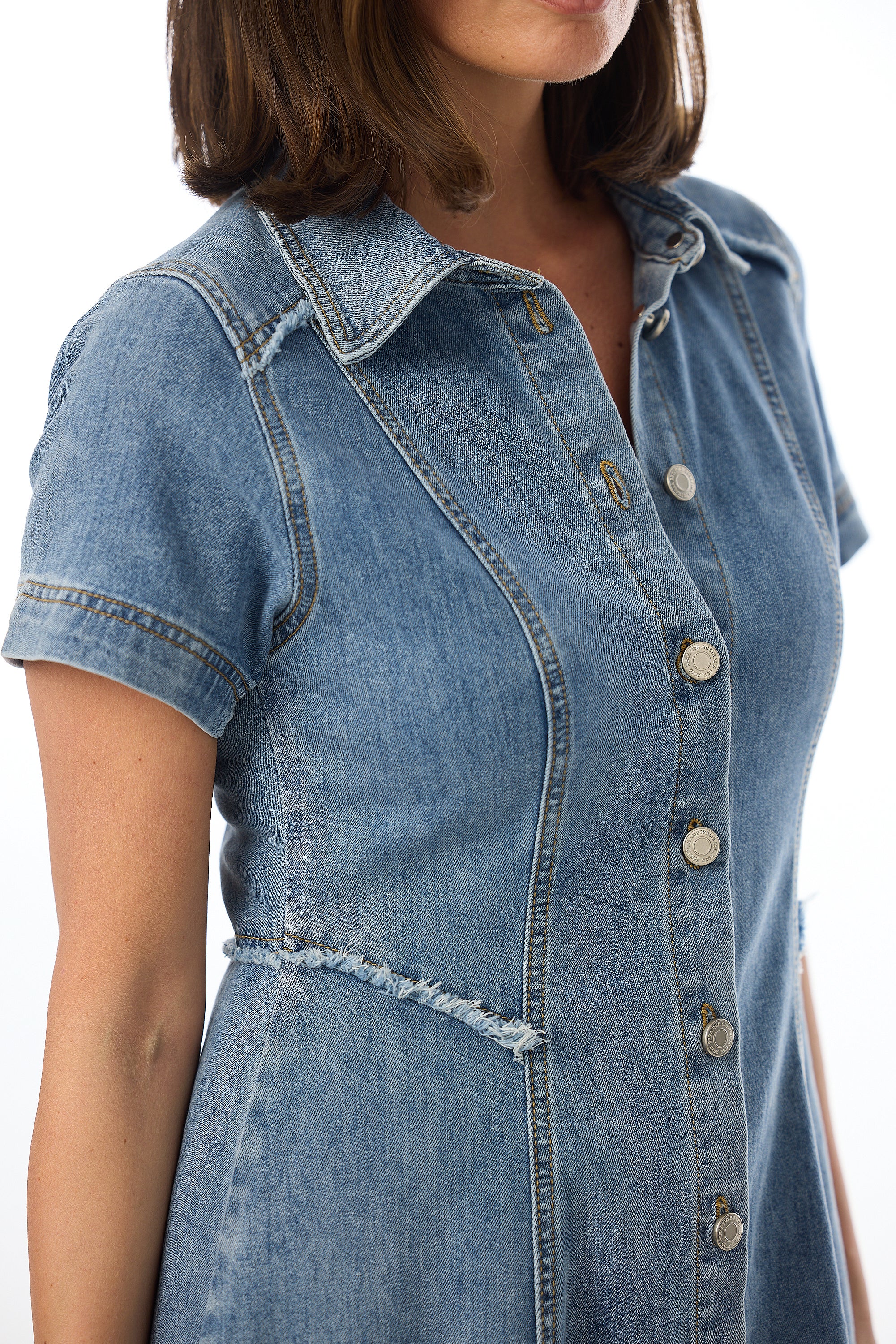 Denim Short Sleeve Midi Dress - Mid Blue Wash - Image 6