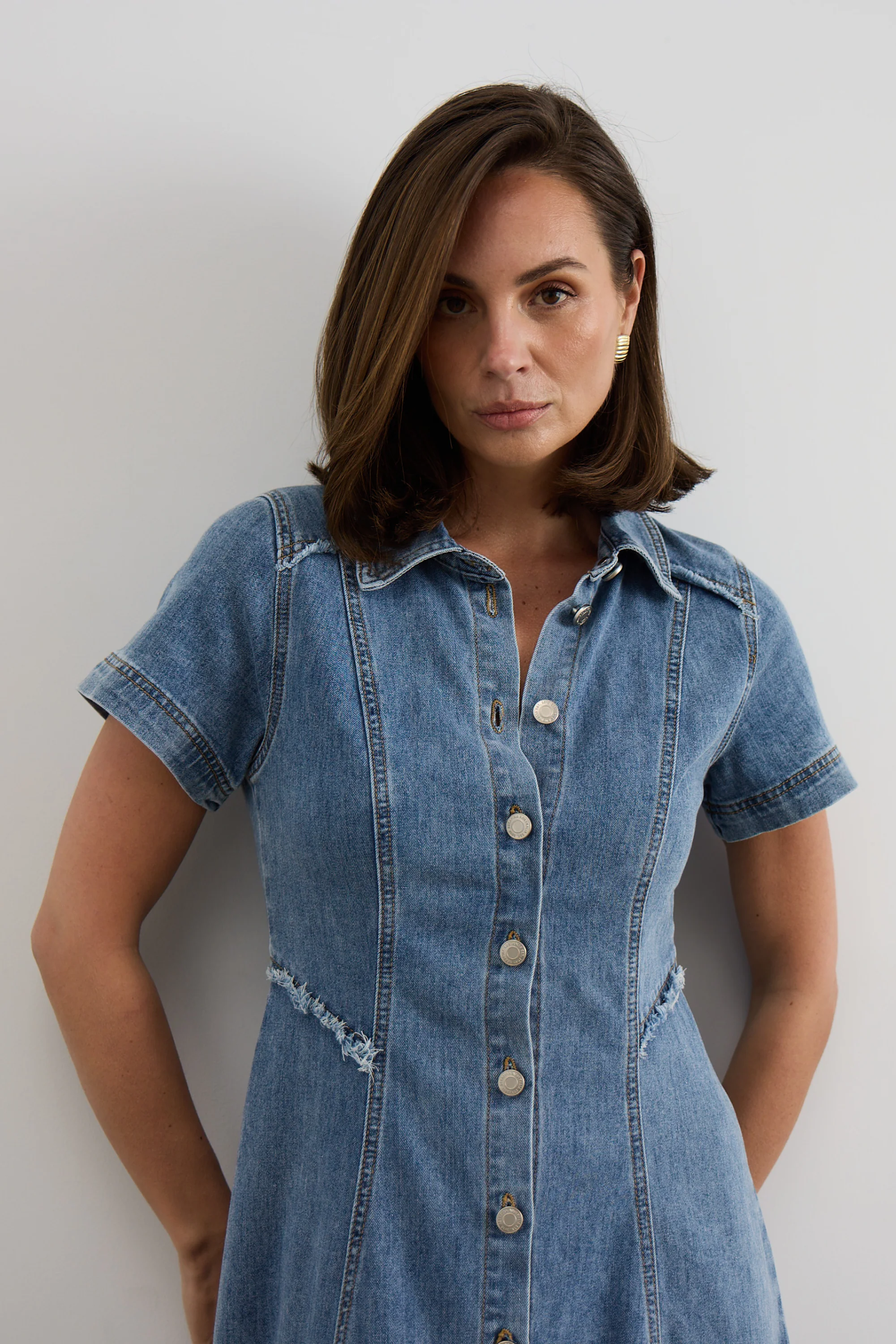 Denim Short Sleeve Midi Dress - Mid Blue Wash - Image 8