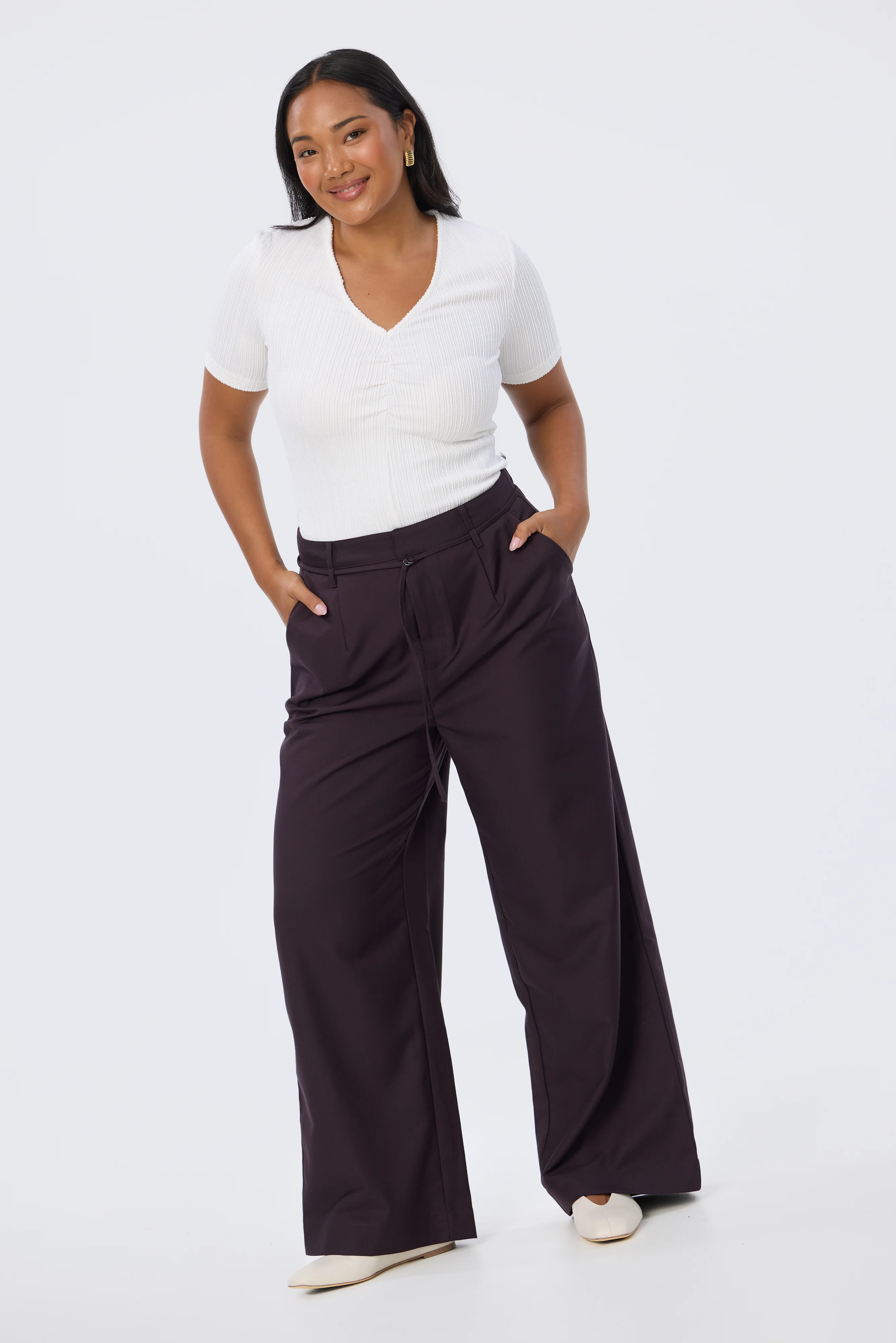 Detachable Belt Tailored Pants - Aubergine