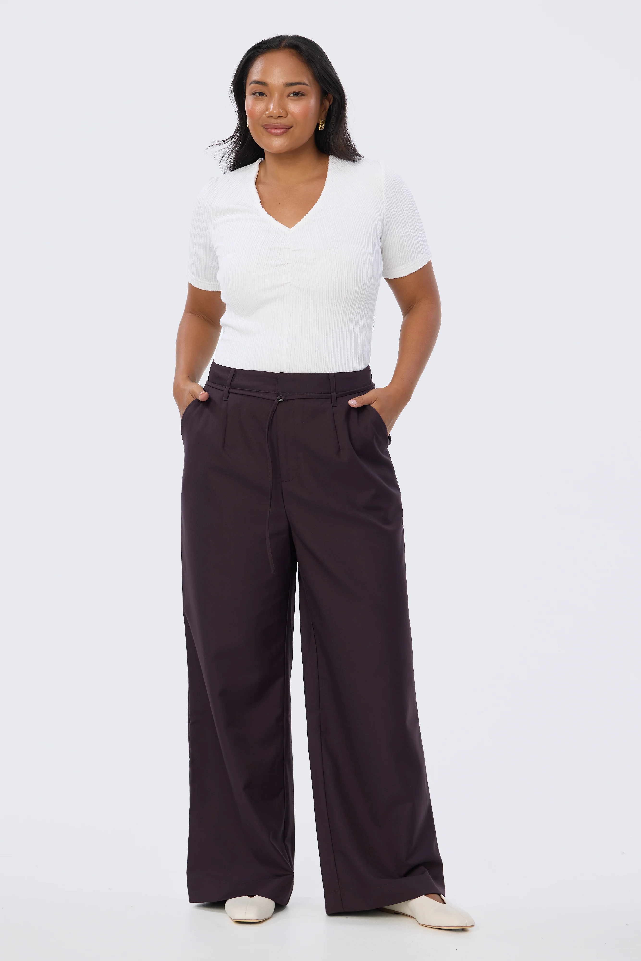 Detachable Belt Tailored Pants - Aubergine - Image 3