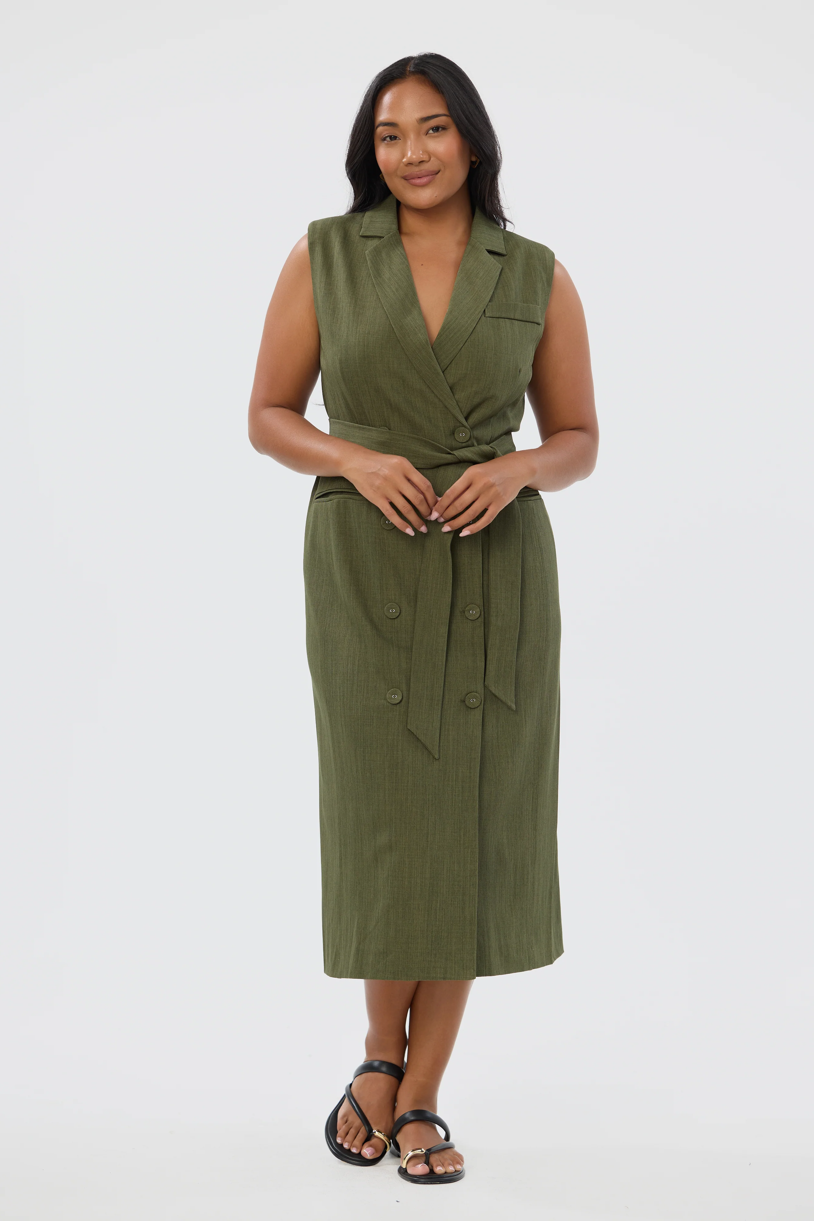 Double Breasted Midi Dress - Khaki