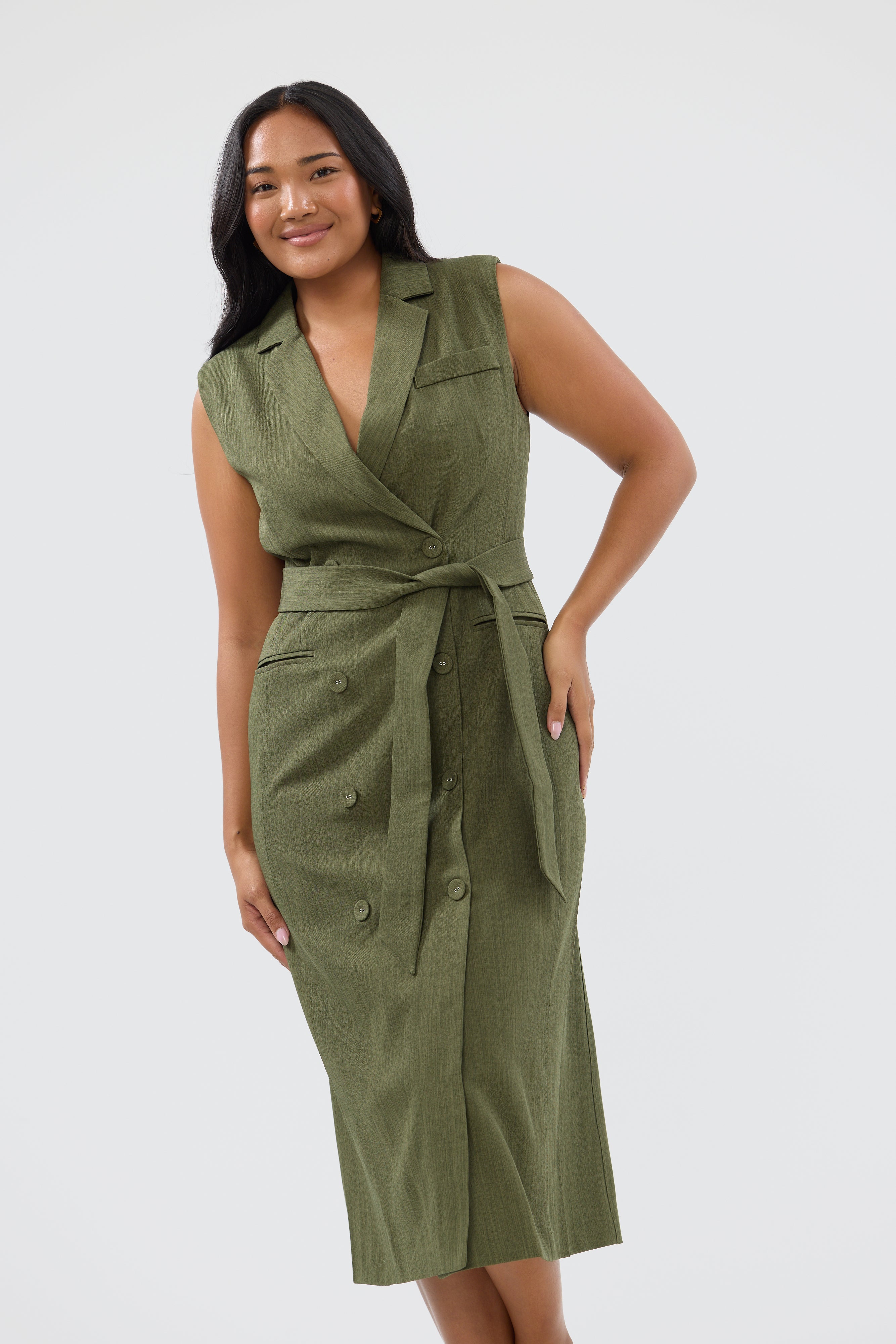 Double Breasted Midi Dress - Khaki - Image 2