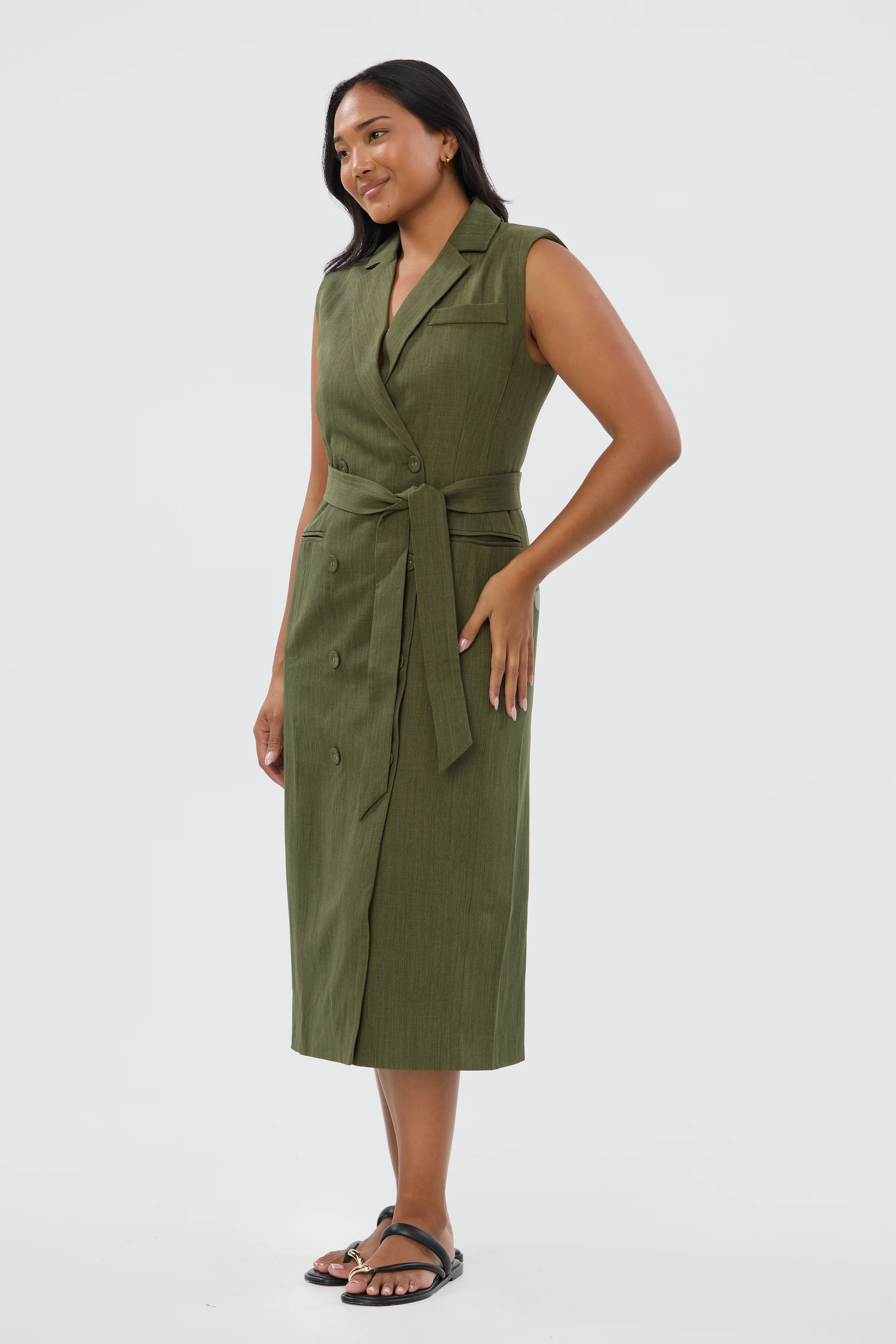 Double Breasted Midi Dress - Khaki - Image 3