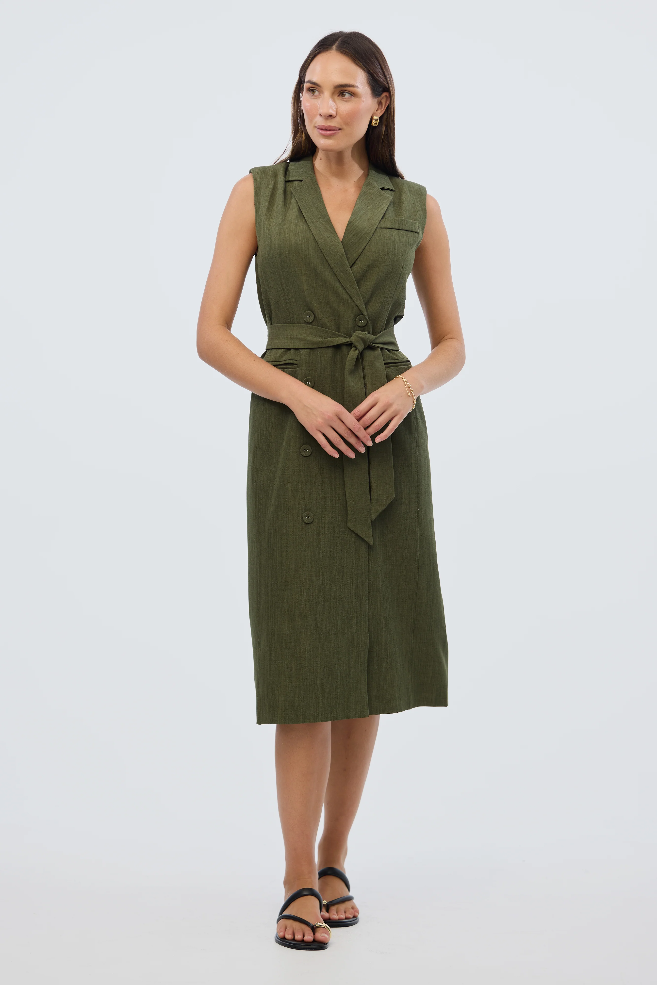 Double Breasted Midi Dress - Khaki - Image 6