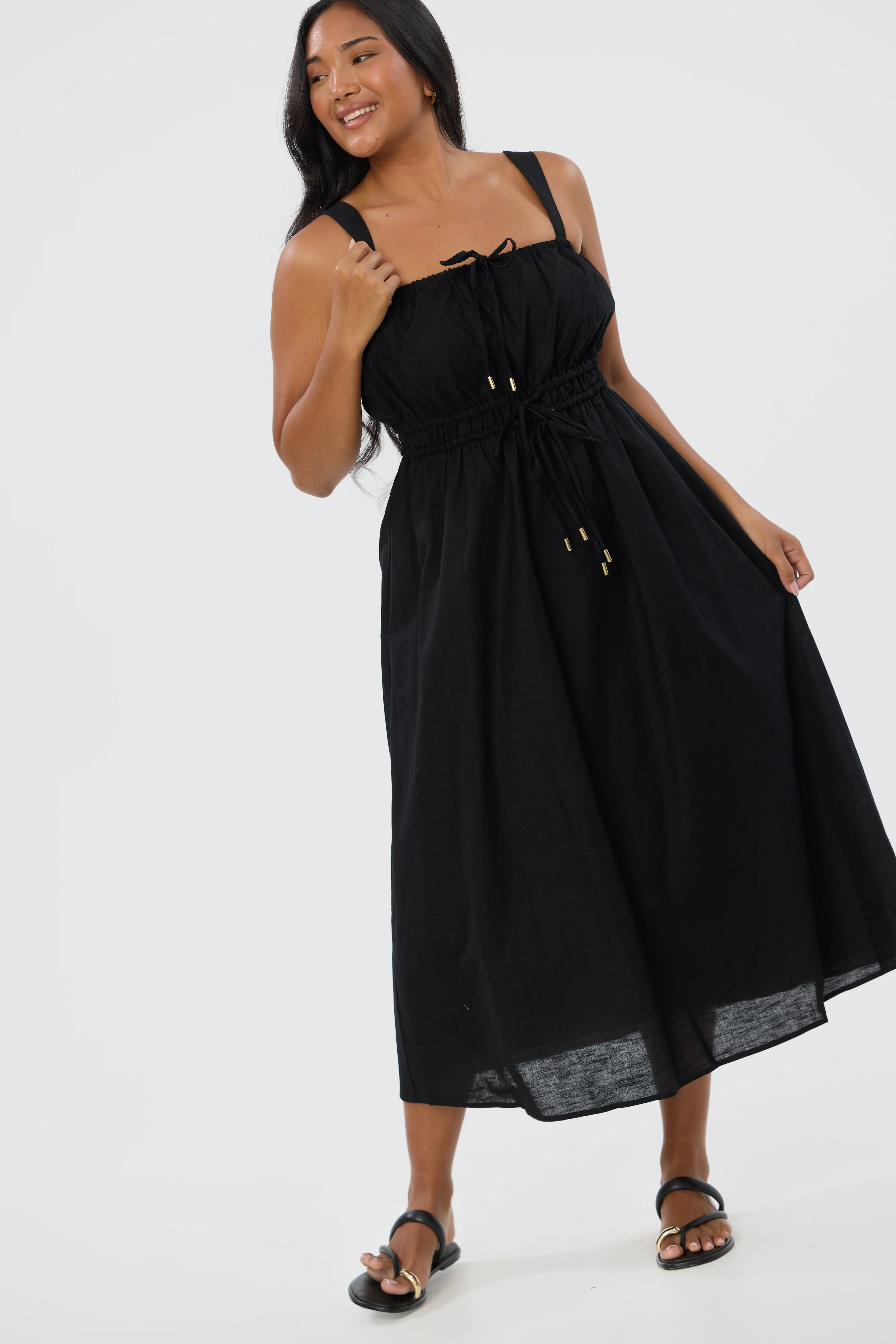Gathered Midi Dress - Black - Image 6
