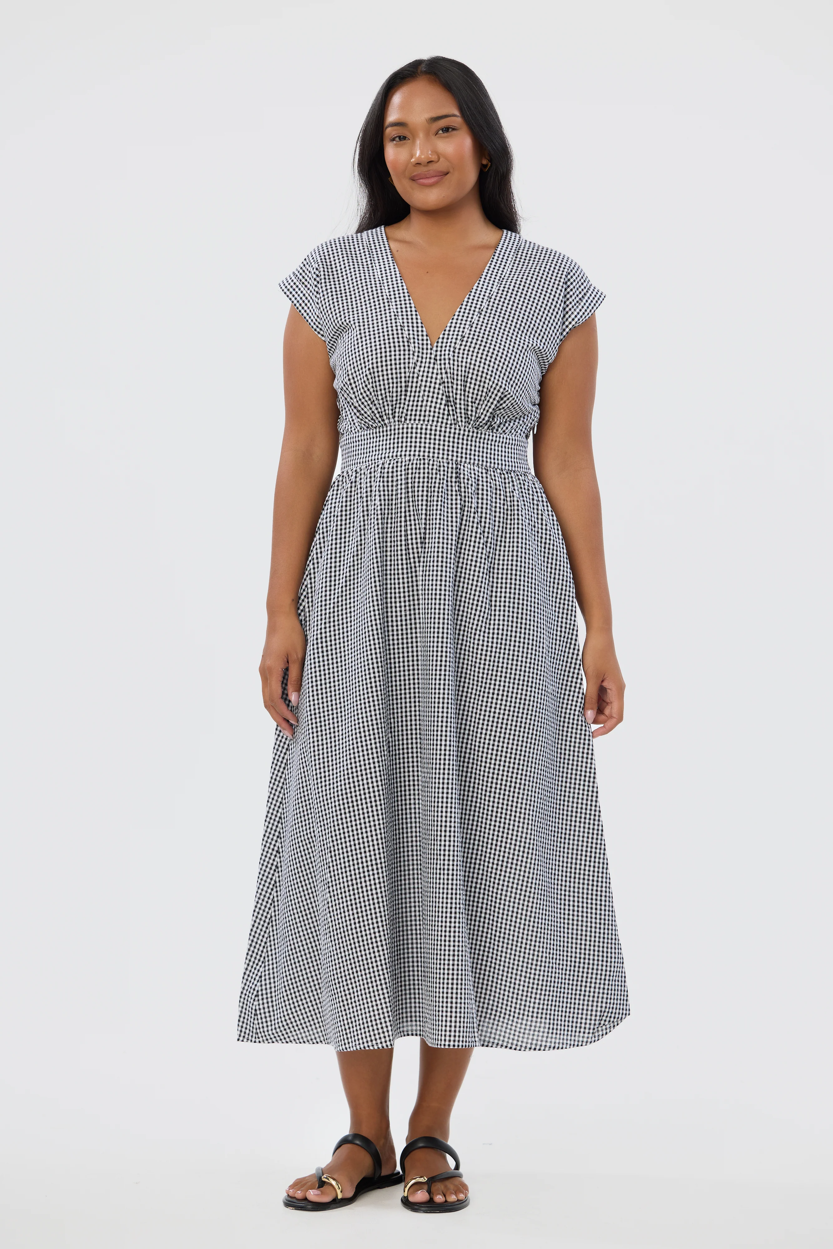 Gathered V Neck Midi Dress - Black/White Gingham