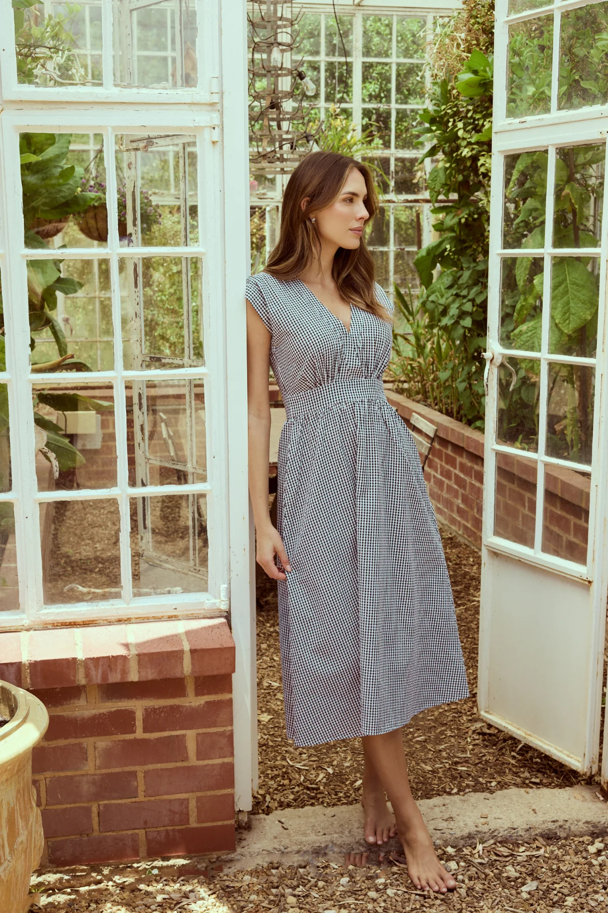Gathered V Neck Midi Dress - Black/White Gingham - Image 2