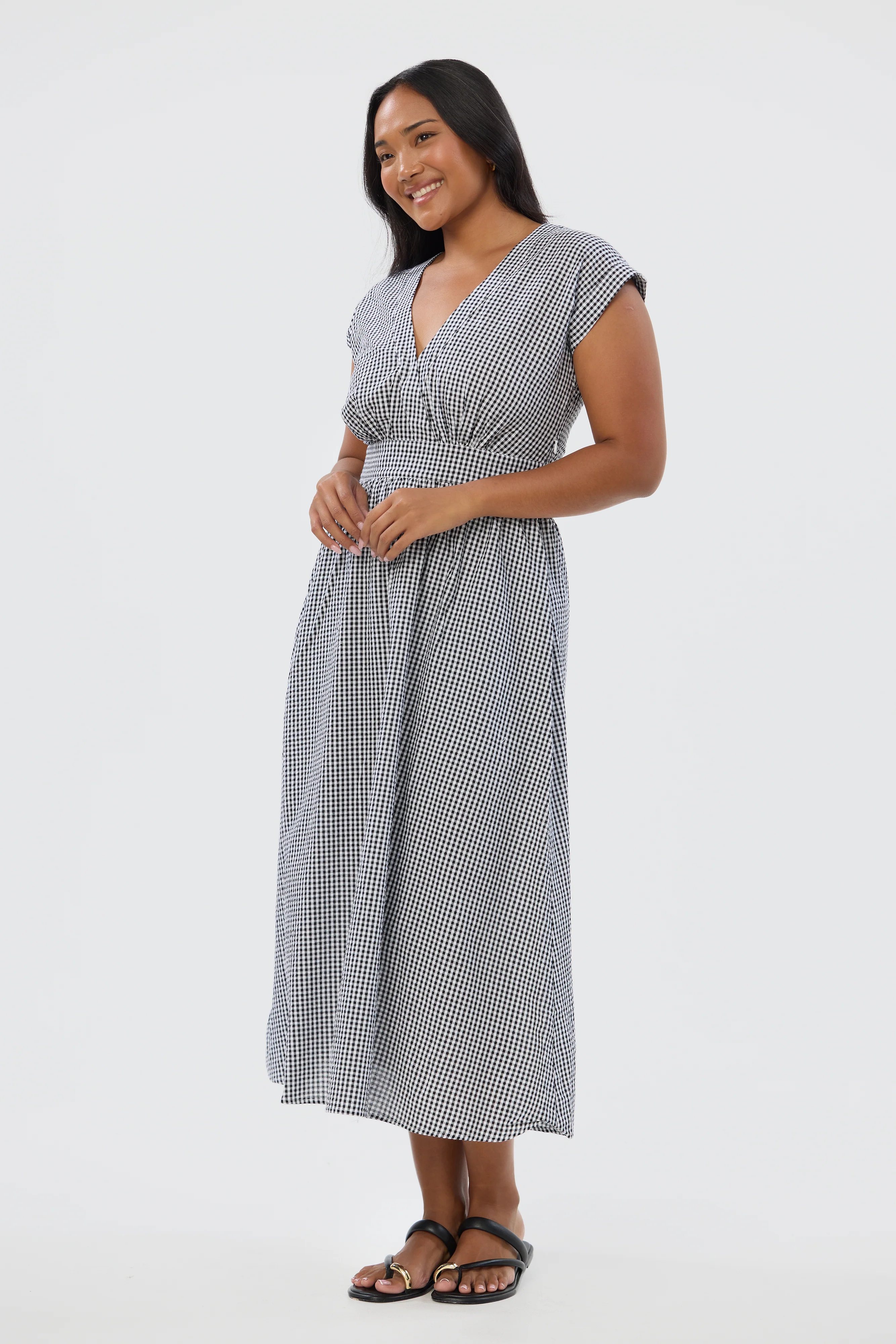 Gathered V Neck Midi Dress - Black/White Gingham - Image 4
